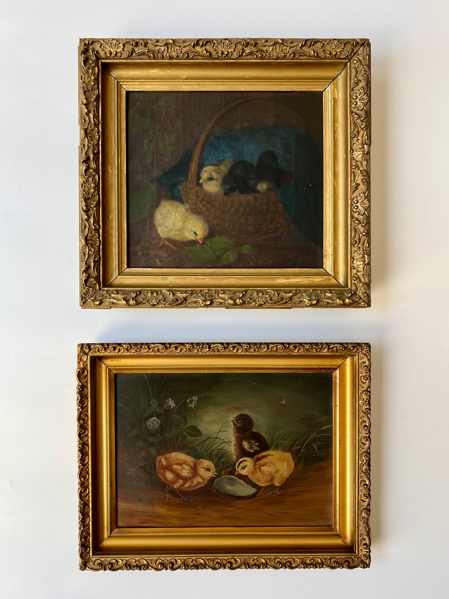 19th Century Family of Chicks in Basket with Ladybug Oil Painting in Original Gold Frame