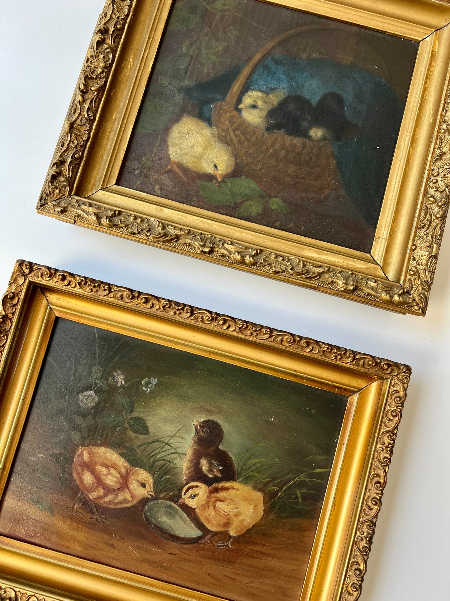 19th Century Family of Chicks in Basket with Ladybug Oil Painting in Original Gold Frame