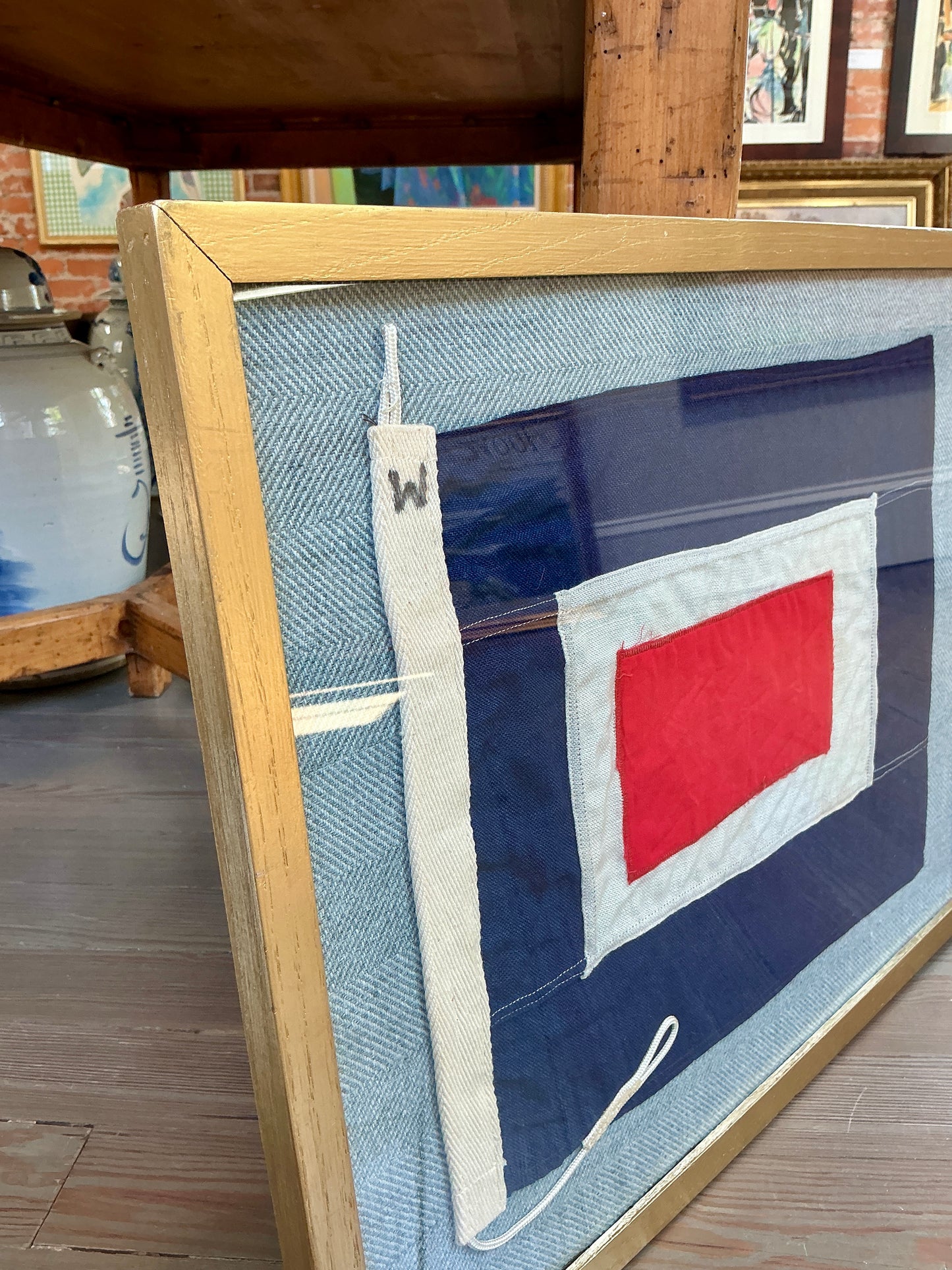 Vintage Cotton Canvas Nautical Signal Flag "W" / "Whiskey" on Light Blue Herringbone in Gold Frame