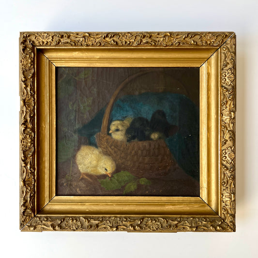 19th Century Family of Chicks in Basket with Ladybug Oil Painting in Original Gold Frame