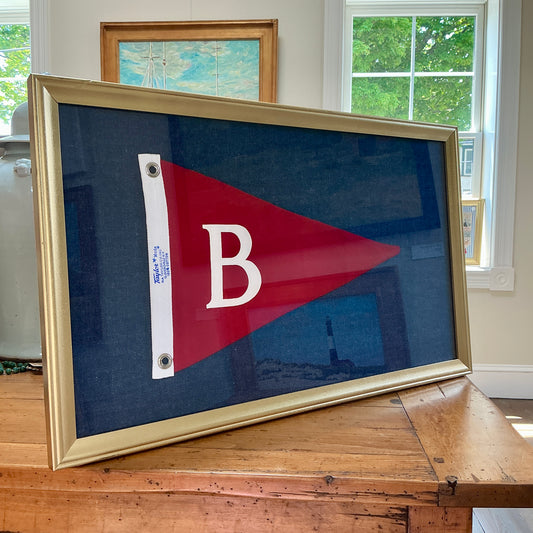 Vintage "B" Initial Red Canvas Burgee Nautical Flag on Dark Chambray in Gold Frame