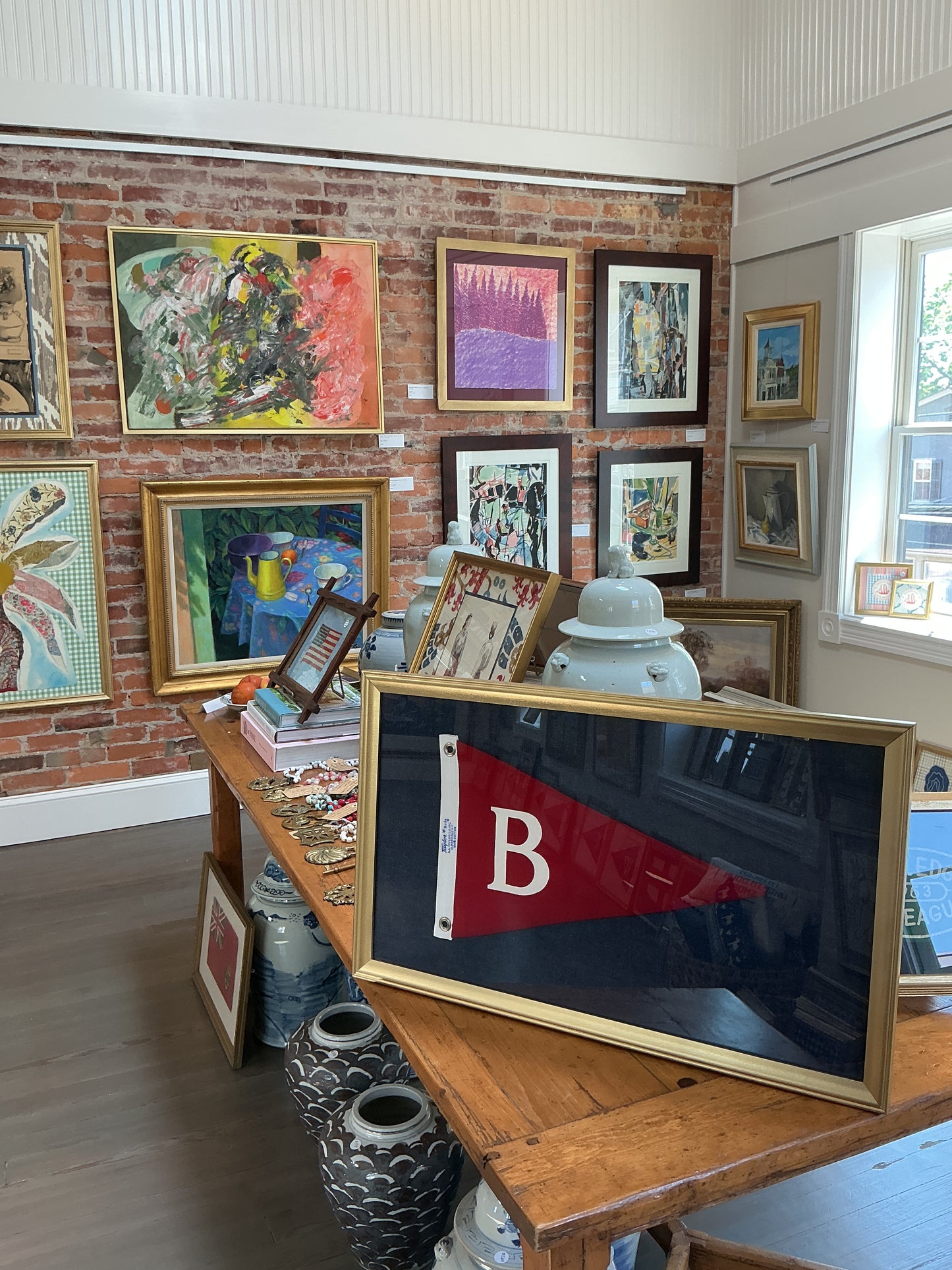 Vintage "B" Initial Red Canvas Burgee Nautical Flag on Dark Chambray in Gold Frame