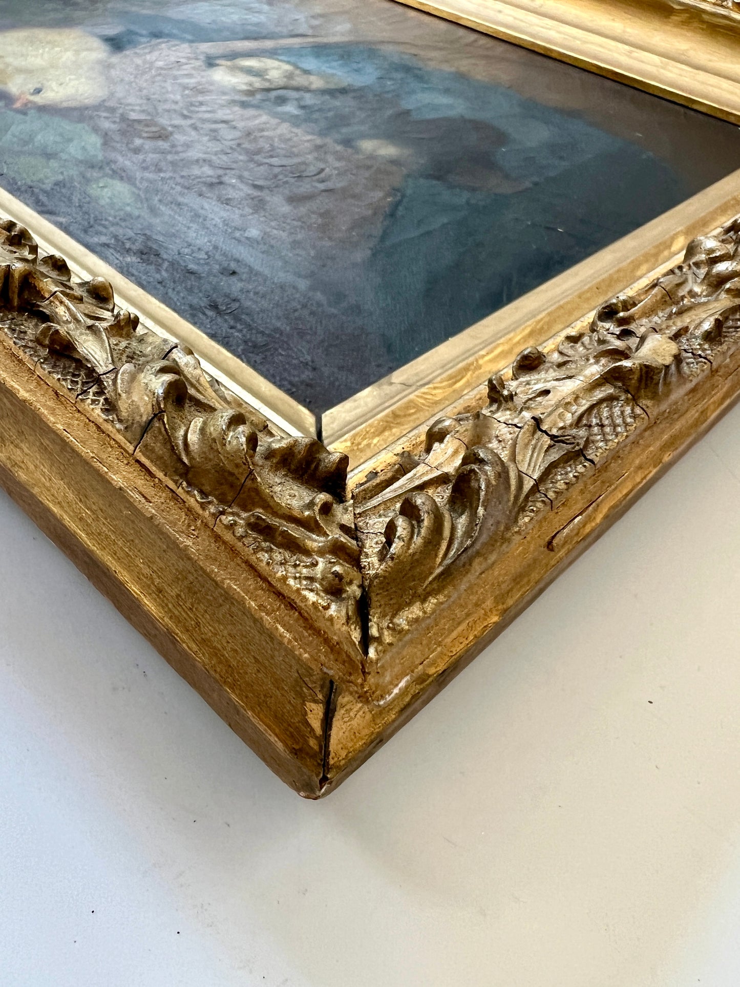 19th Century Family of Chicks in Basket with Ladybug Oil Painting in Original Gold Frame