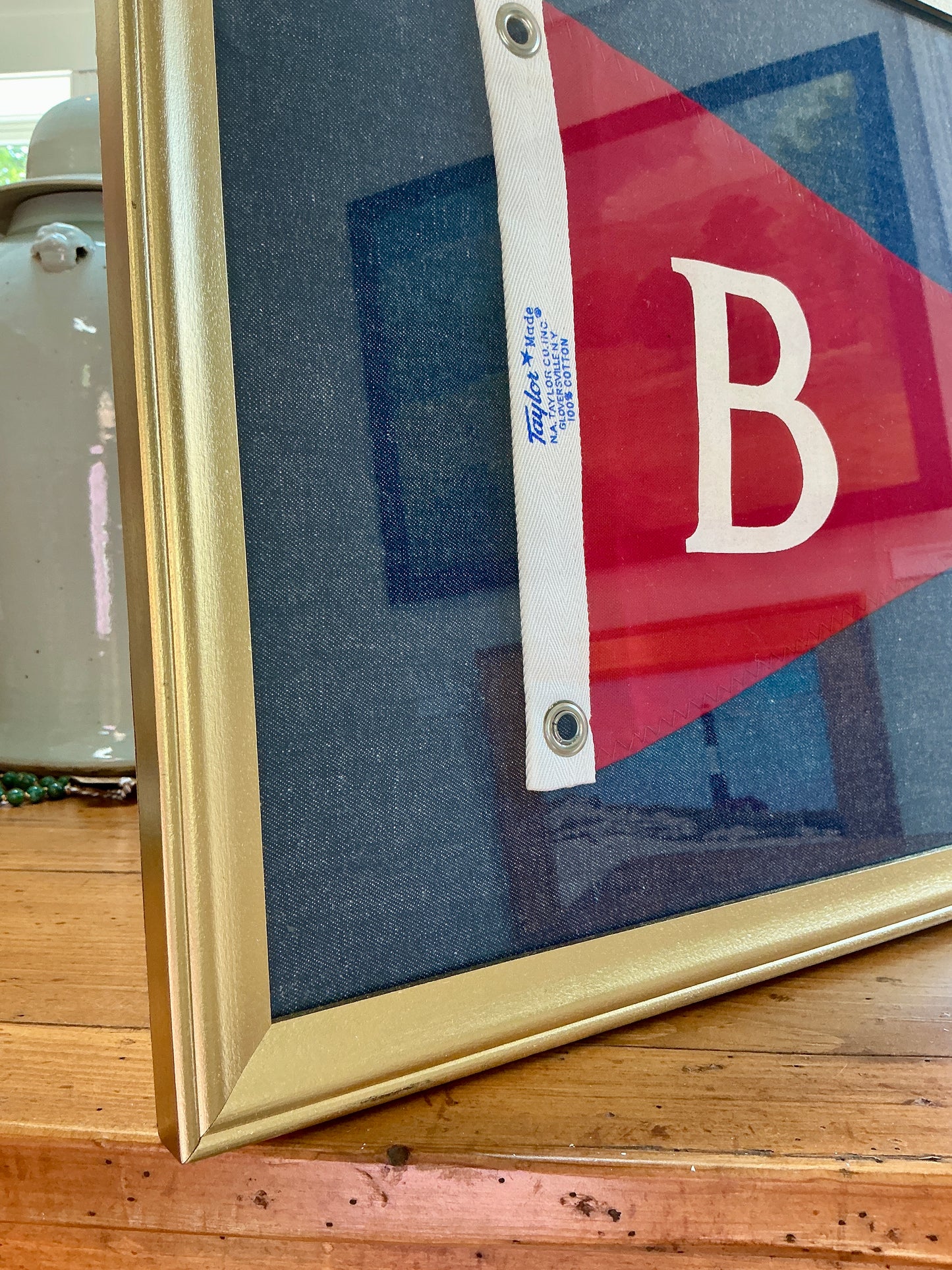 Vintage "B" Initial Red Canvas Burgee Nautical Flag on Dark Chambray in Gold Frame