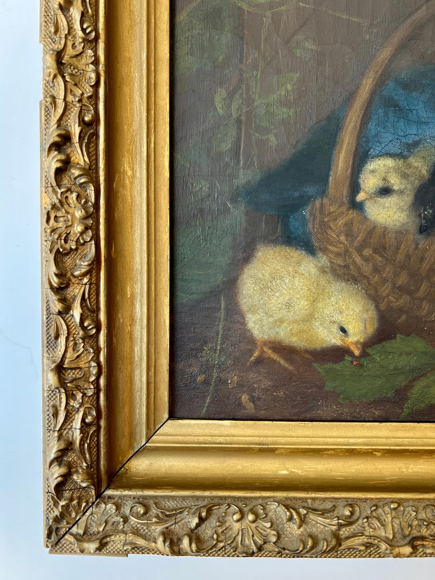 19th Century Family of Chicks in Basket with Ladybug Oil Painting in Original Gold Frame