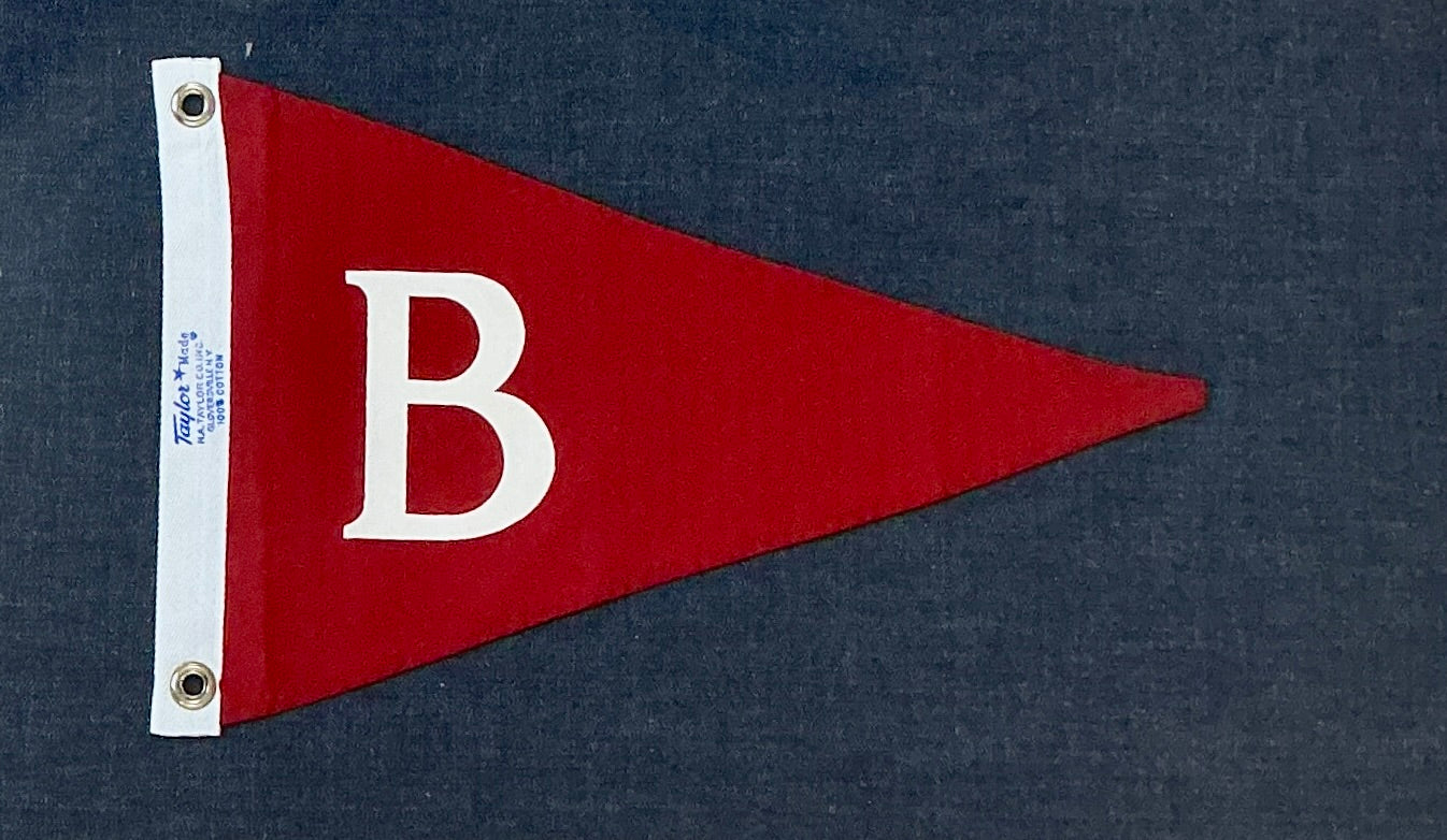 Vintage "B" Initial Red Canvas Burgee Nautical Flag on Dark Chambray in Gold Frame