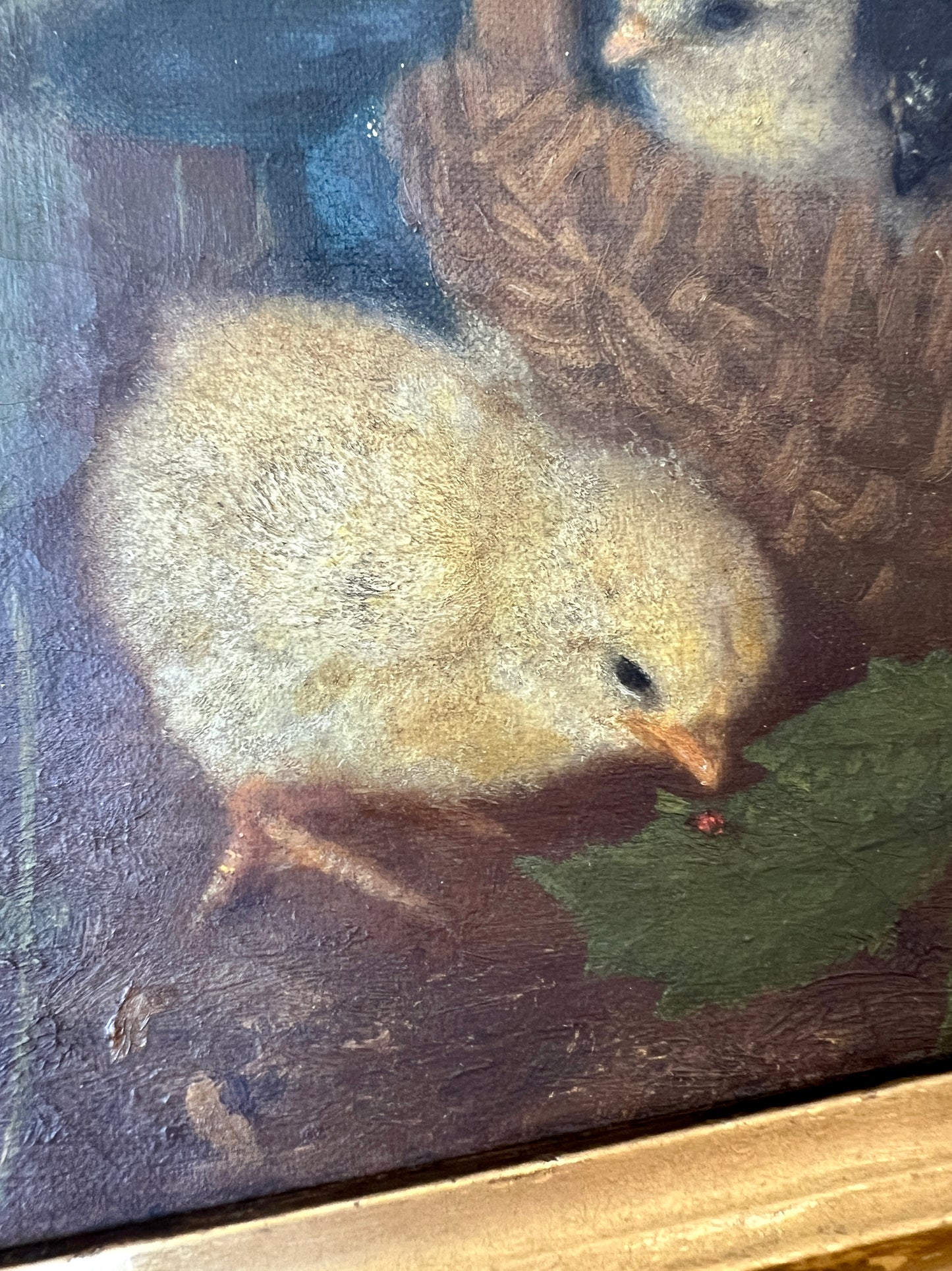 19th Century Family of Chicks in Basket with Ladybug Oil Painting in Original Gold Frame