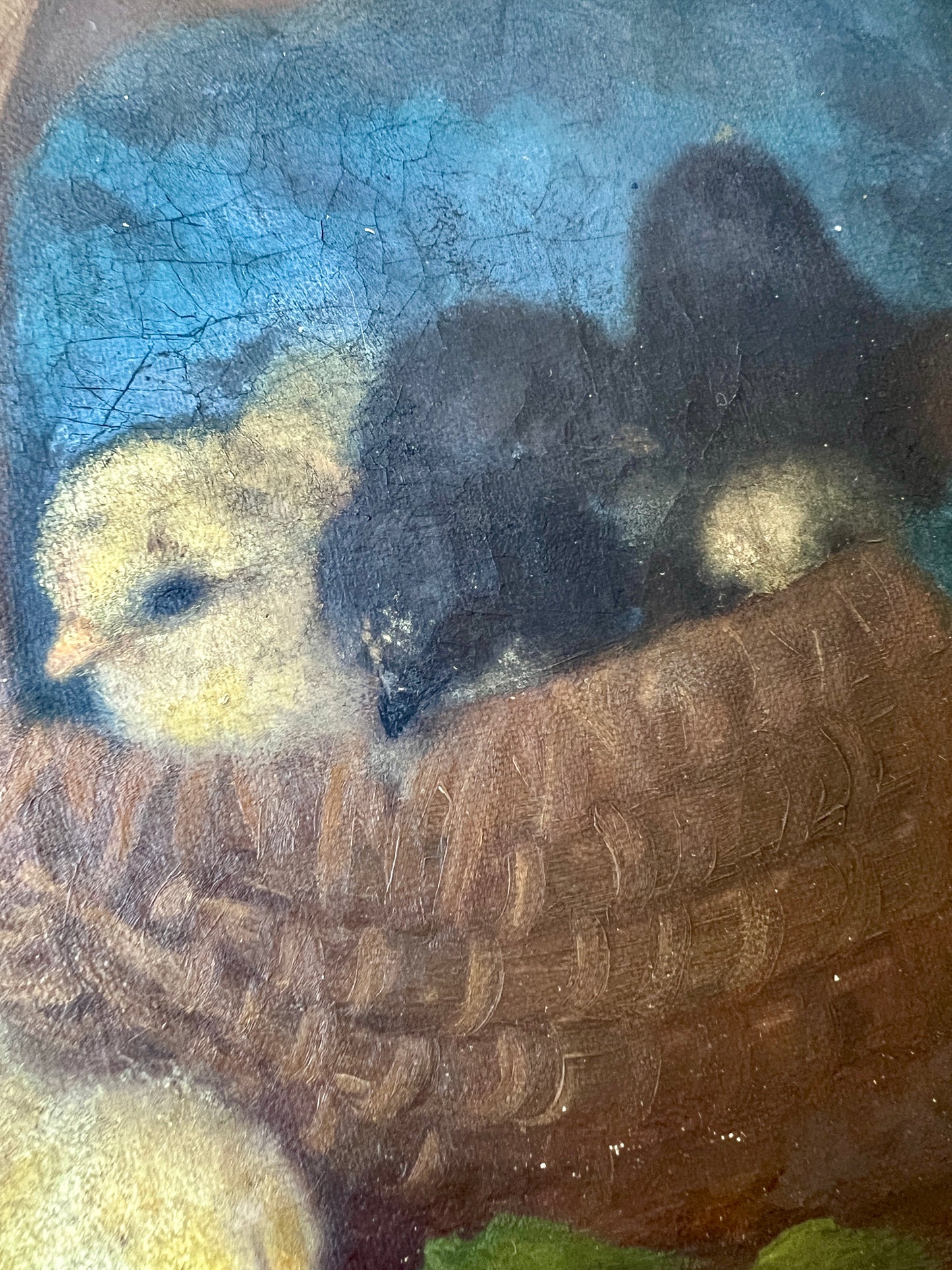 19th Century Family of Chicks in Basket with Ladybug Oil Painting in Original Gold Frame
