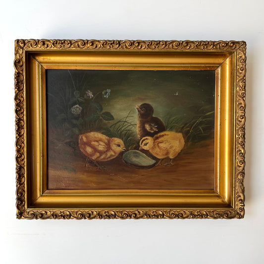 19th Century Chicks Eating From Oyster Shell Oil Painting in Original Gold Frame