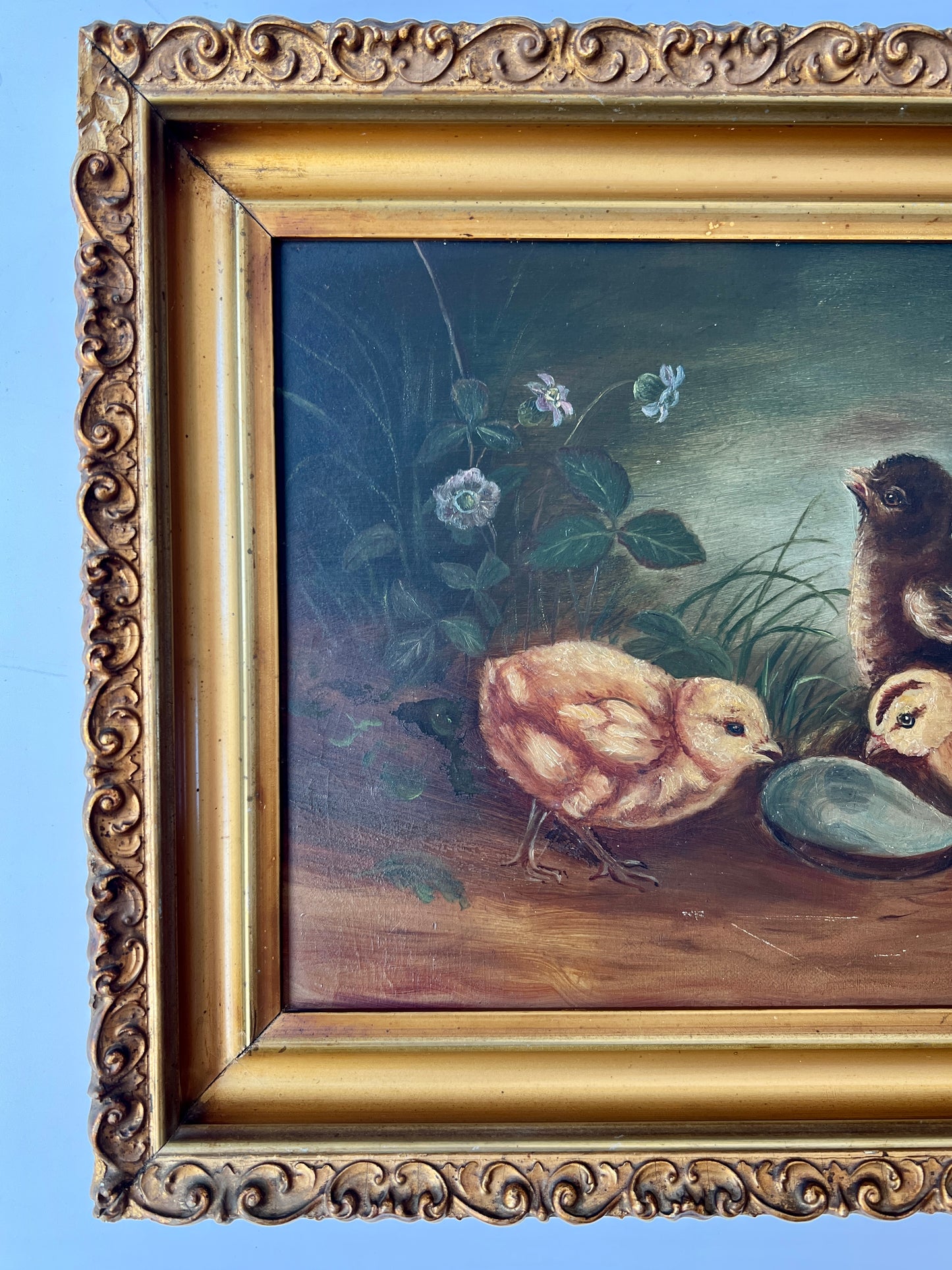 19th Century Chicks Eating From Oyster Shell Oil Painting in Original Gold Frame