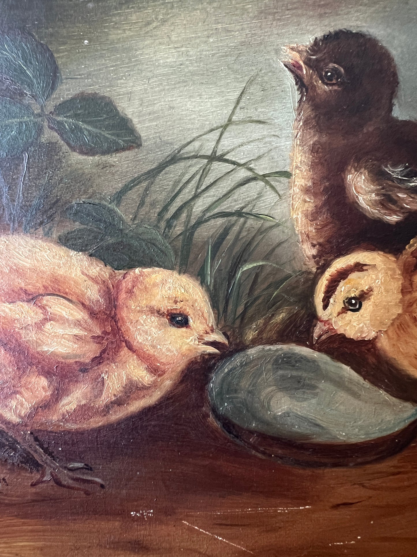 19th Century Chicks Eating From Oyster Shell Oil Painting in Original Gold Frame