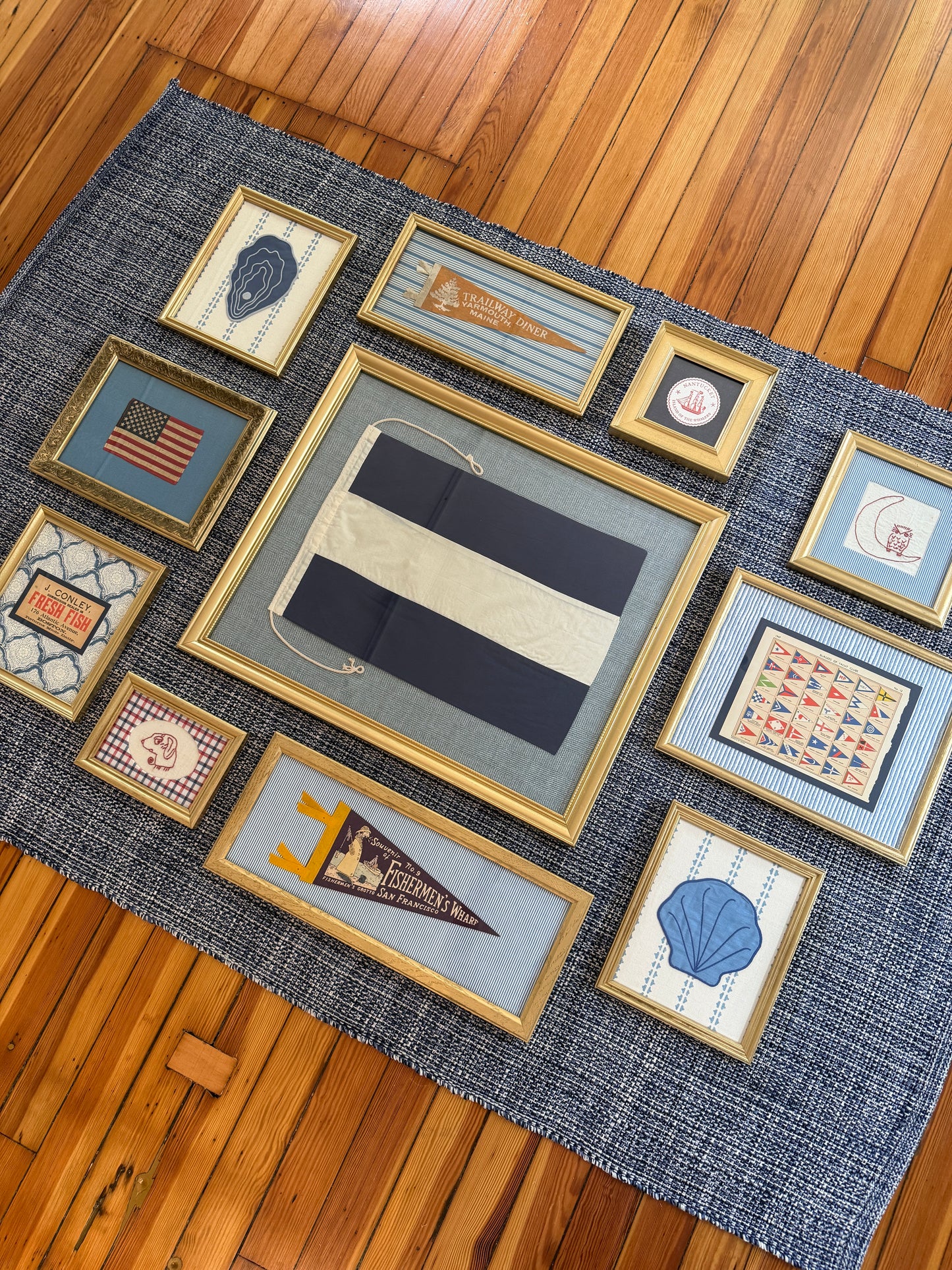 Vintage Cotton Canvas Nautical Signal Flag "J" / " Juliet" on Light Blue Herringbone in Gold Frame