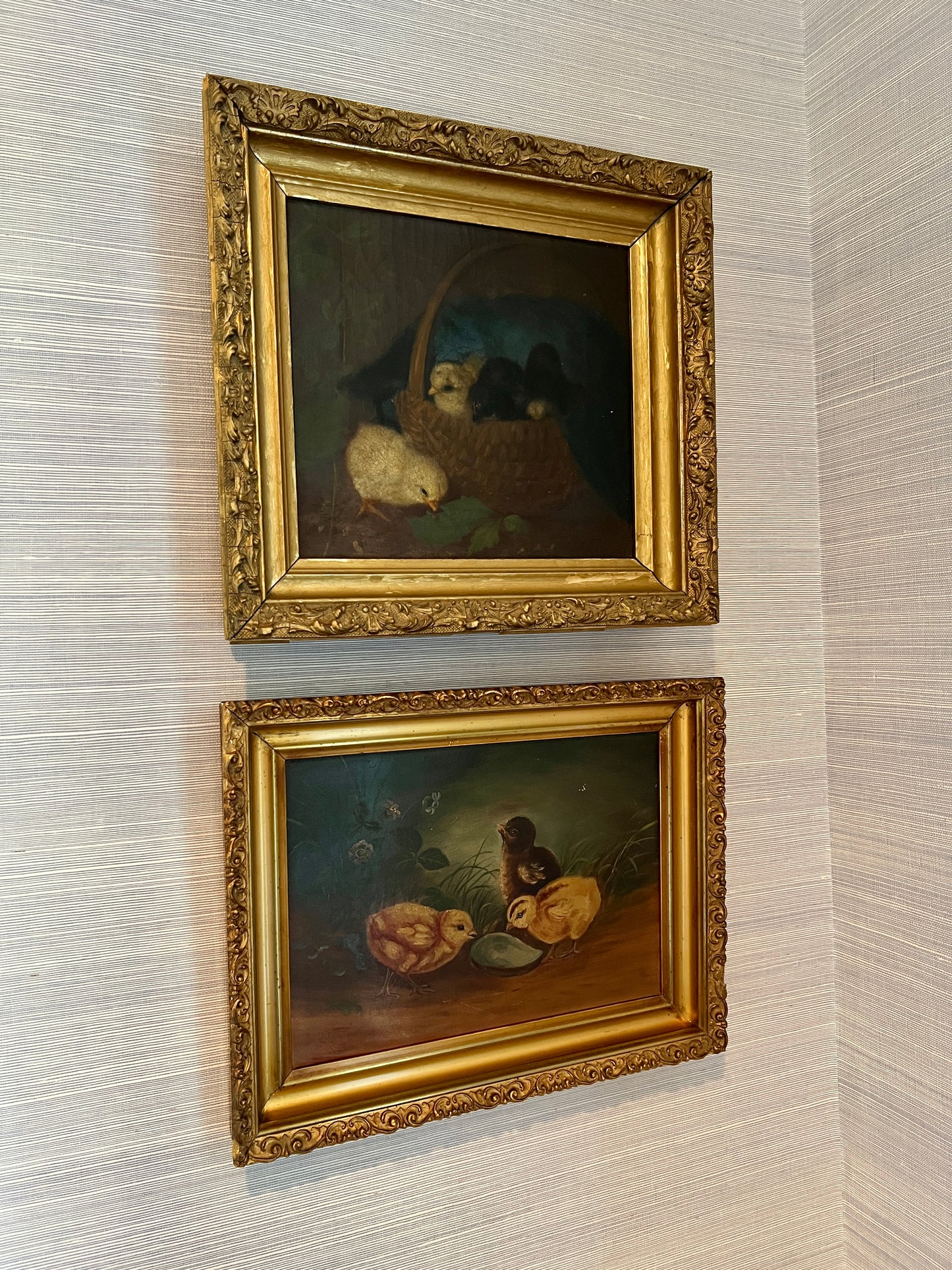 19th Century Chicks Eating From Oyster Shell Oil Painting in Original Gold Frame