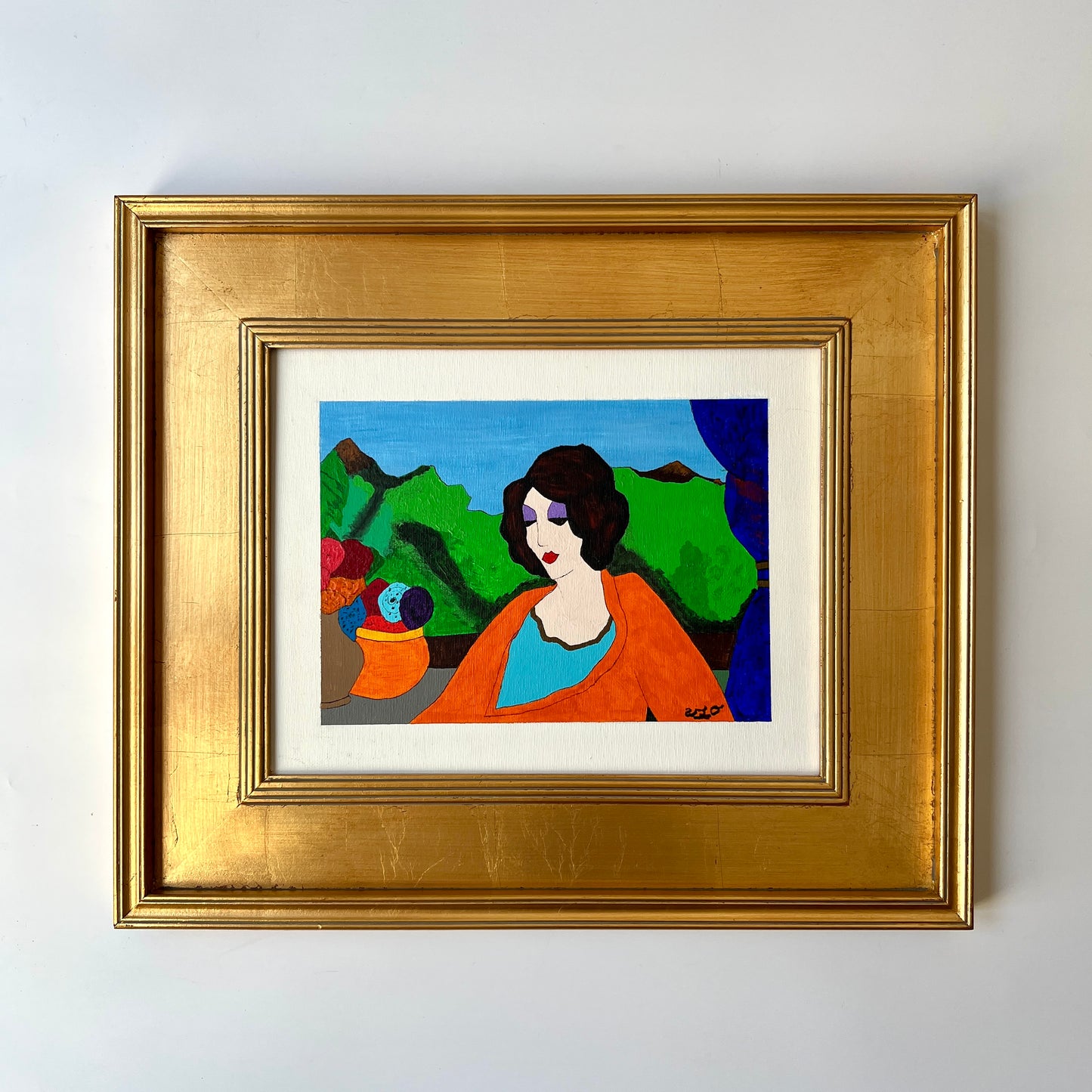 Modern Colorful Portrait of Woman After Itzchak Tarkay in Gold Frame