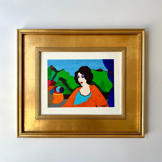 Modern Colorful Portrait of Woman After Itzchak Tarkay in Gold Frame