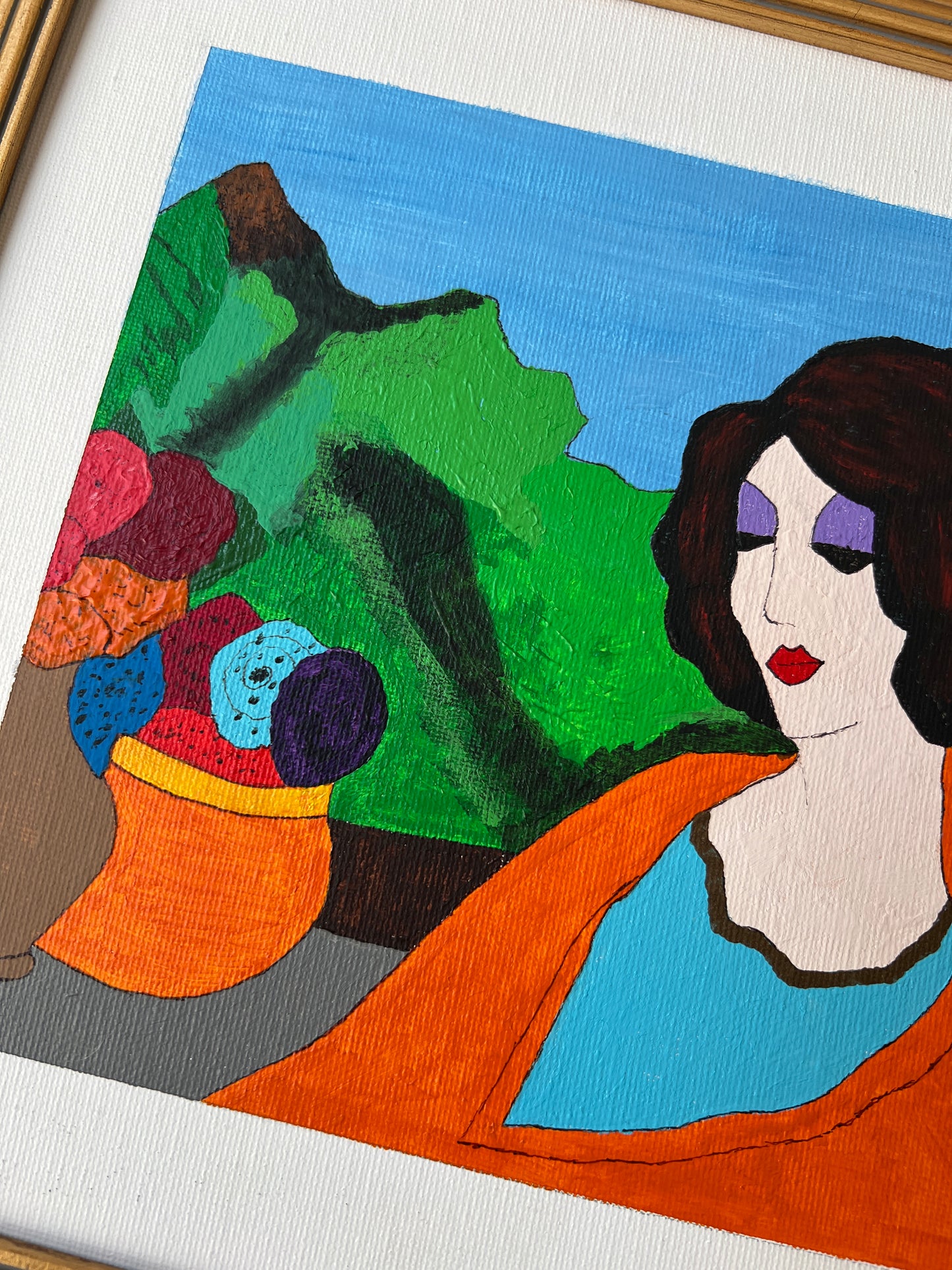 Modern Colorful Portrait of Woman After Itzchak Tarkay in Gold Frame
