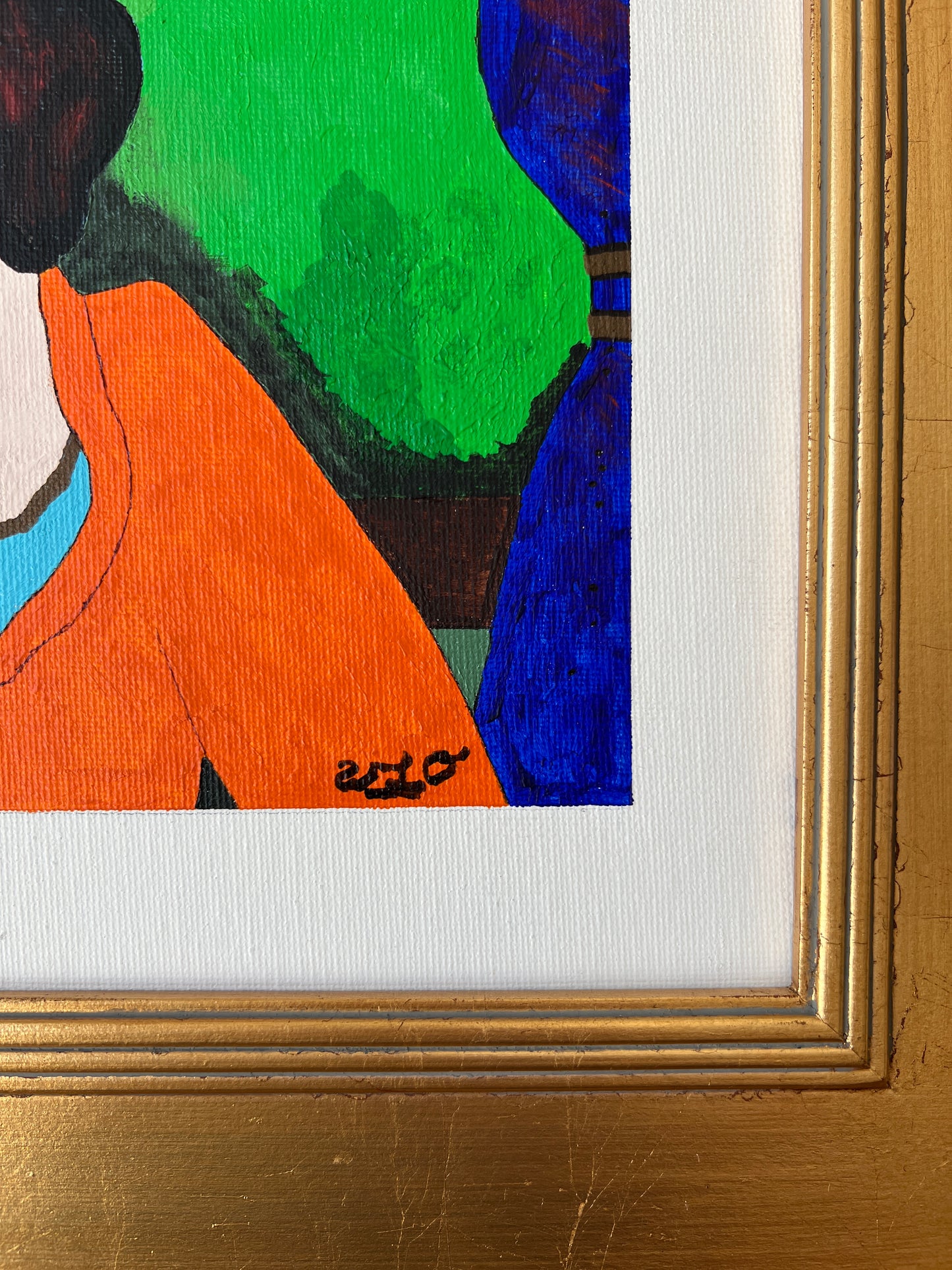 Modern Colorful Portrait of Woman After Itzchak Tarkay in Gold Frame