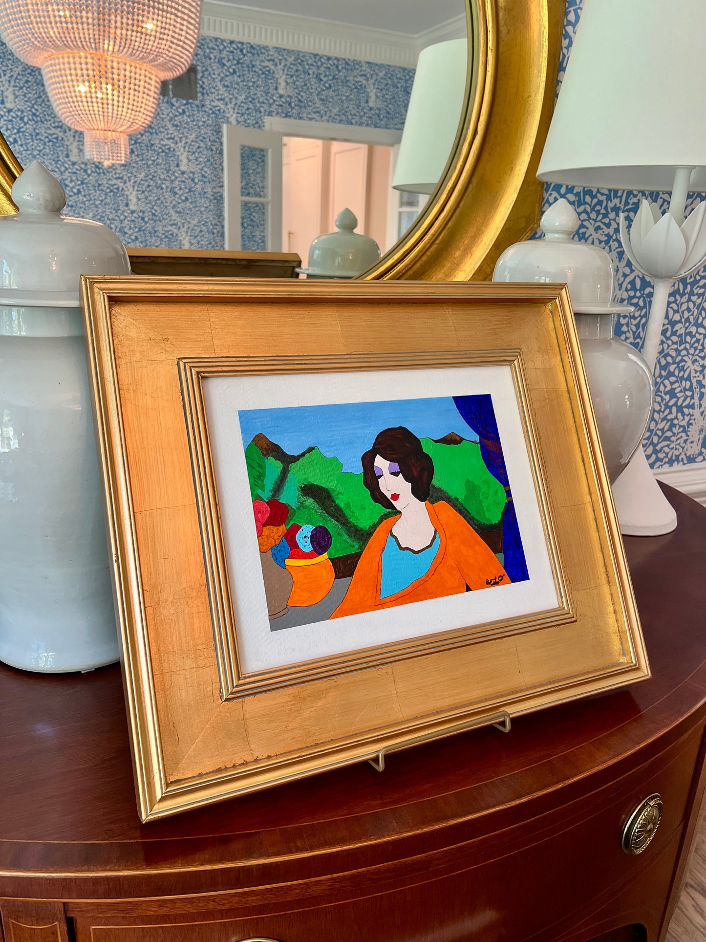 Modern Colorful Portrait of Woman After Itzchak Tarkay in Gold Frame