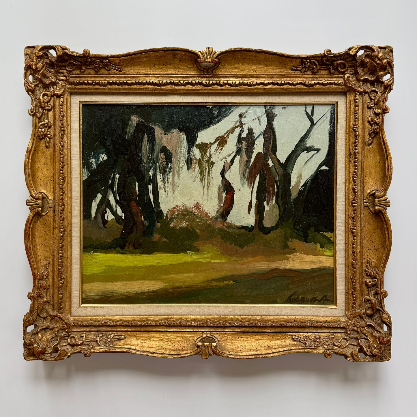 Chris Trella Koczwara Blue Green Abstract Landscape Oil Painting in Ornate Gold Frame
