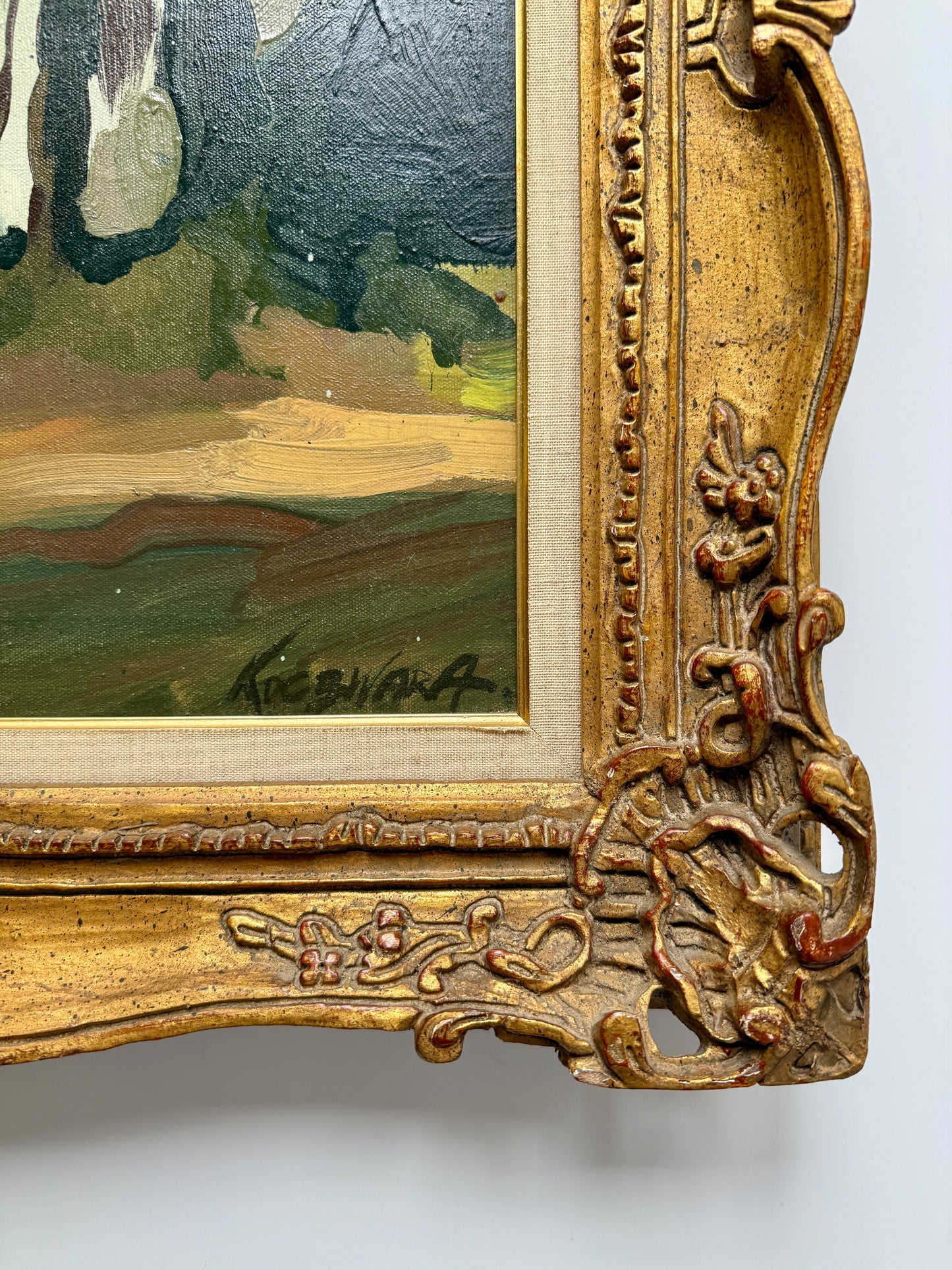Chris Trella Koczwara Blue Green Abstract Landscape Oil Painting in Ornate Gold Frame