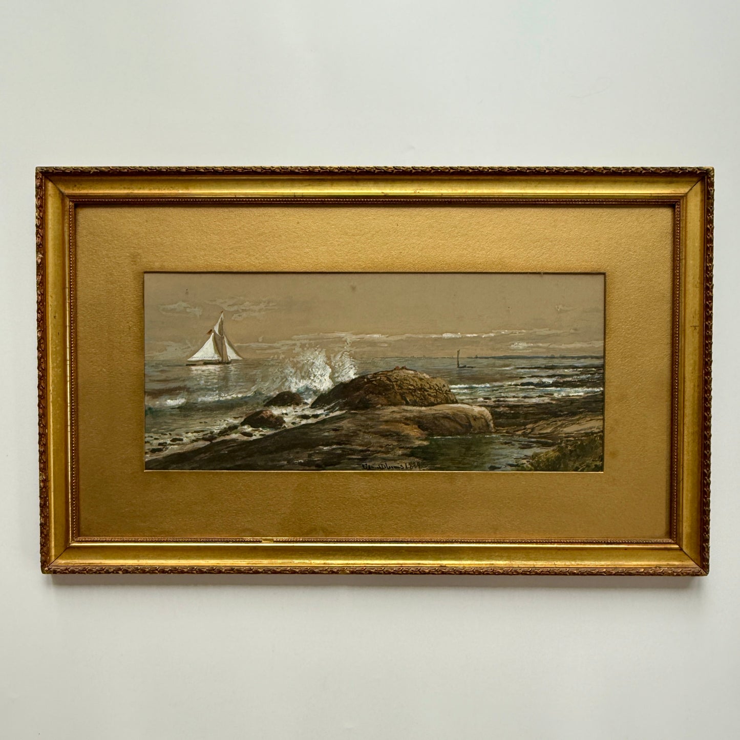 19th c. Edmund Darch Lewis Coastal American Landscape with Sailboat Watercolor and Gouache Painting in Gold Frame