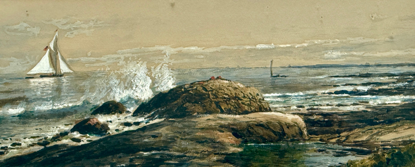 19th c. Edmund Darch Lewis Coastal American Landscape with Sailboat Watercolor and Gouache Painting in Gold Frame