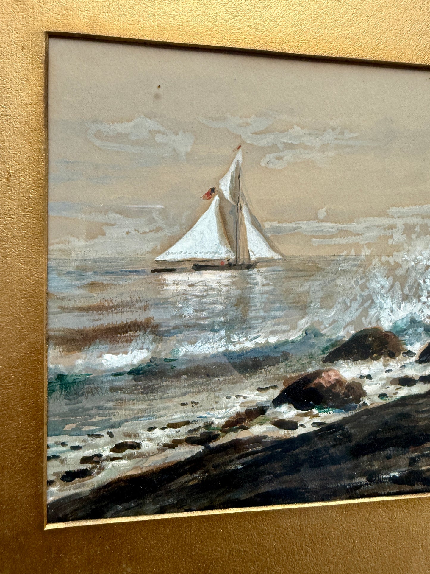 19th c. Edmund Darch Lewis Coastal American Landscape with Sailboat Watercolor and Gouache Painting in Gold Frame