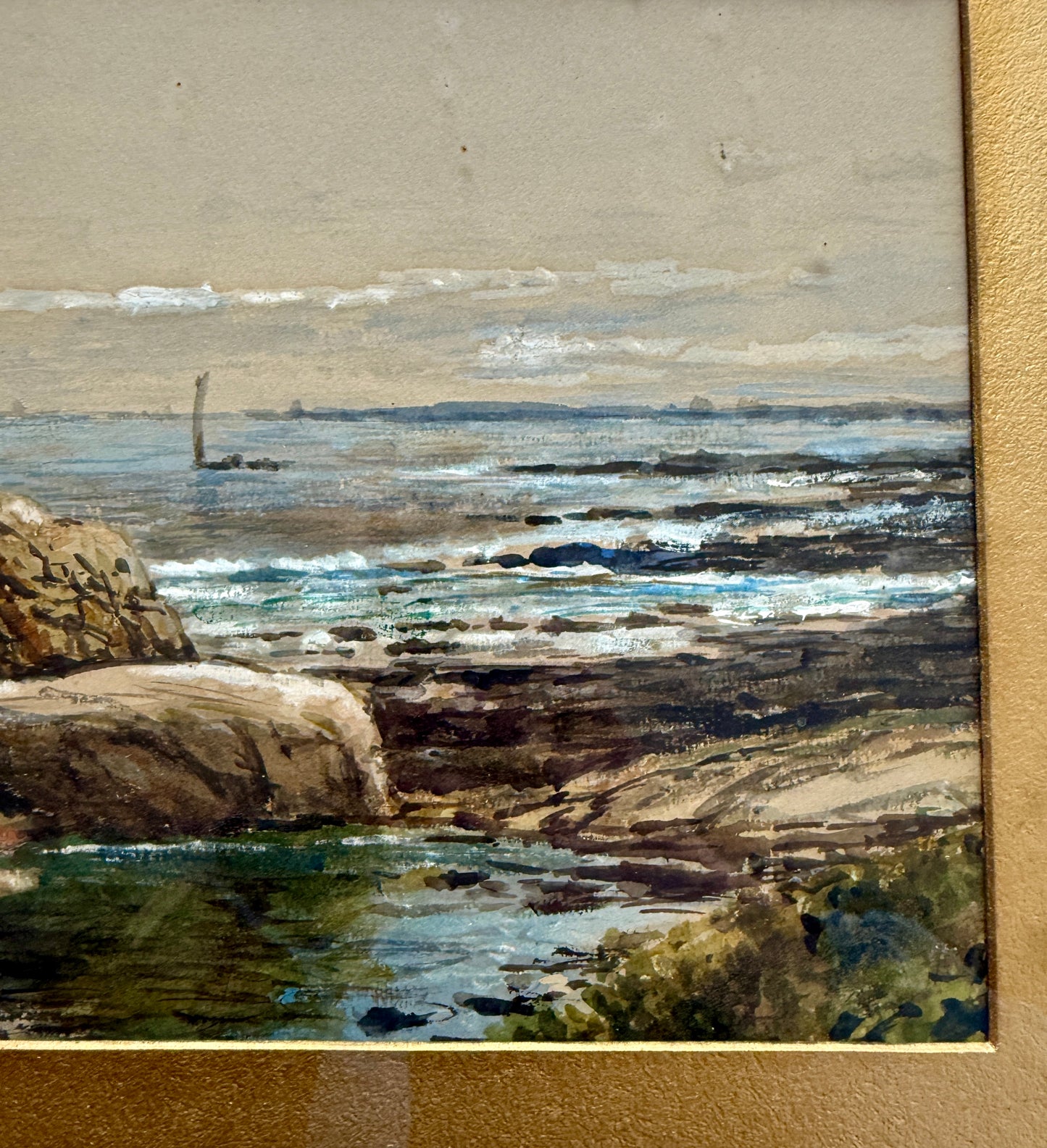 19th c. Edmund Darch Lewis Coastal American Landscape with Sailboat Watercolor and Gouache Painting in Gold Frame