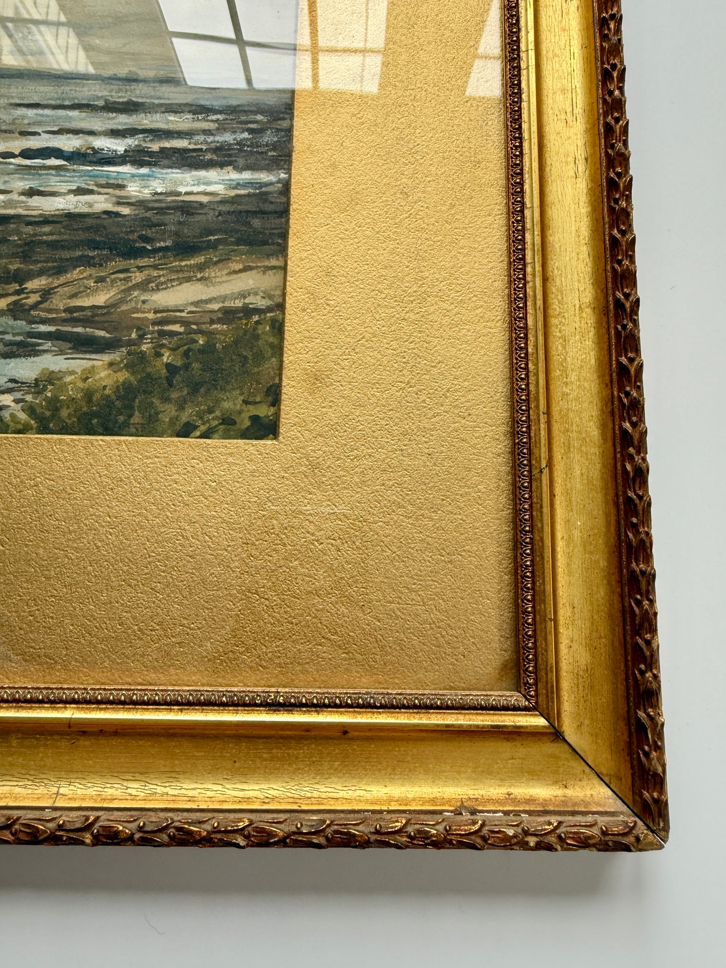 19th c. Edmund Darch Lewis Coastal American Landscape with Sailboat Watercolor and Gouache Painting in Gold Frame