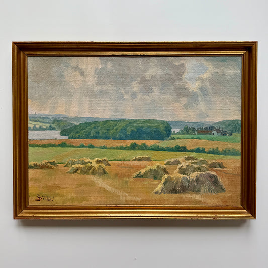 1940 Sunlit Hay Stacks in Farm Landscape Oil Painting in Gold Frame