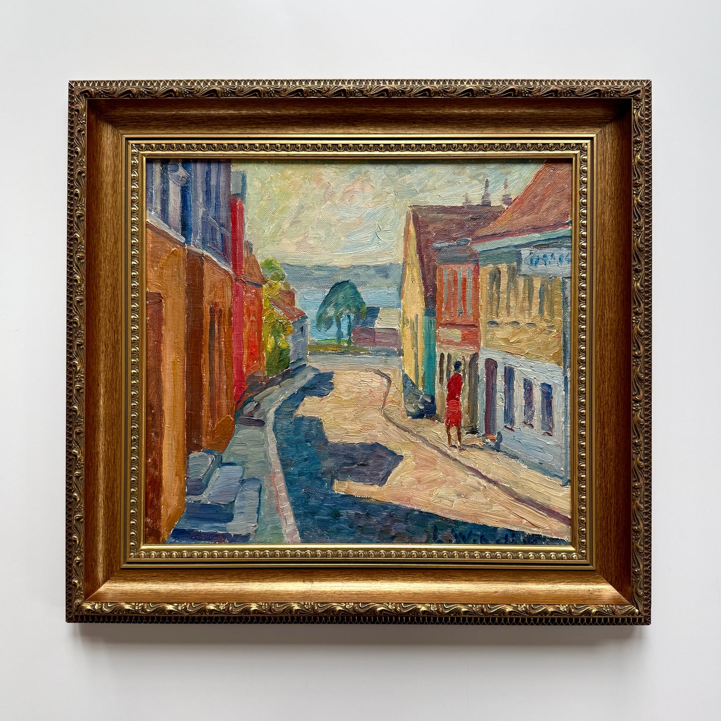 Vintage Modern Impressionist Sunny Coastal Townscape Oil Painting in Gold Frame
