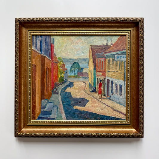 Vintage Modern Impressionist Sunny Coastal Townscape Oil Painting in Gold Frame