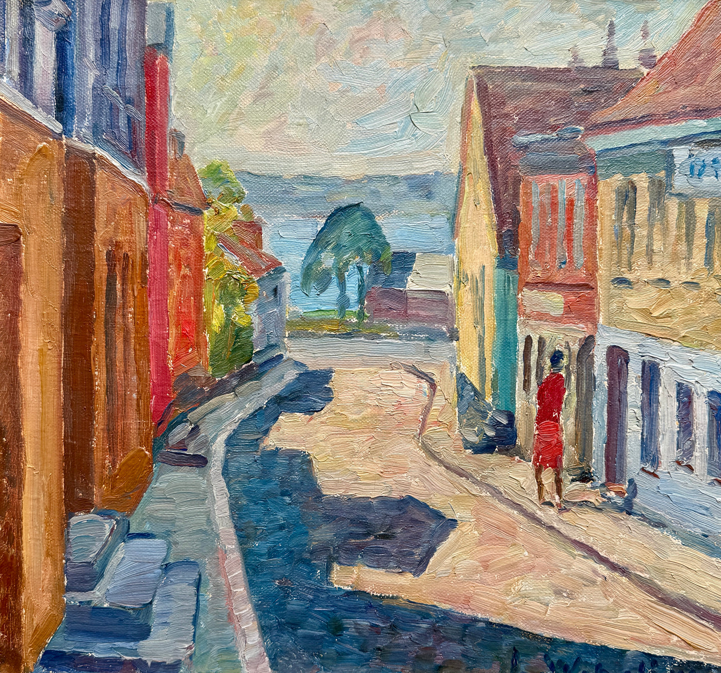 Vintage Modern Impressionist Sunny Coastal Townscape Oil Painting in Gold Frame