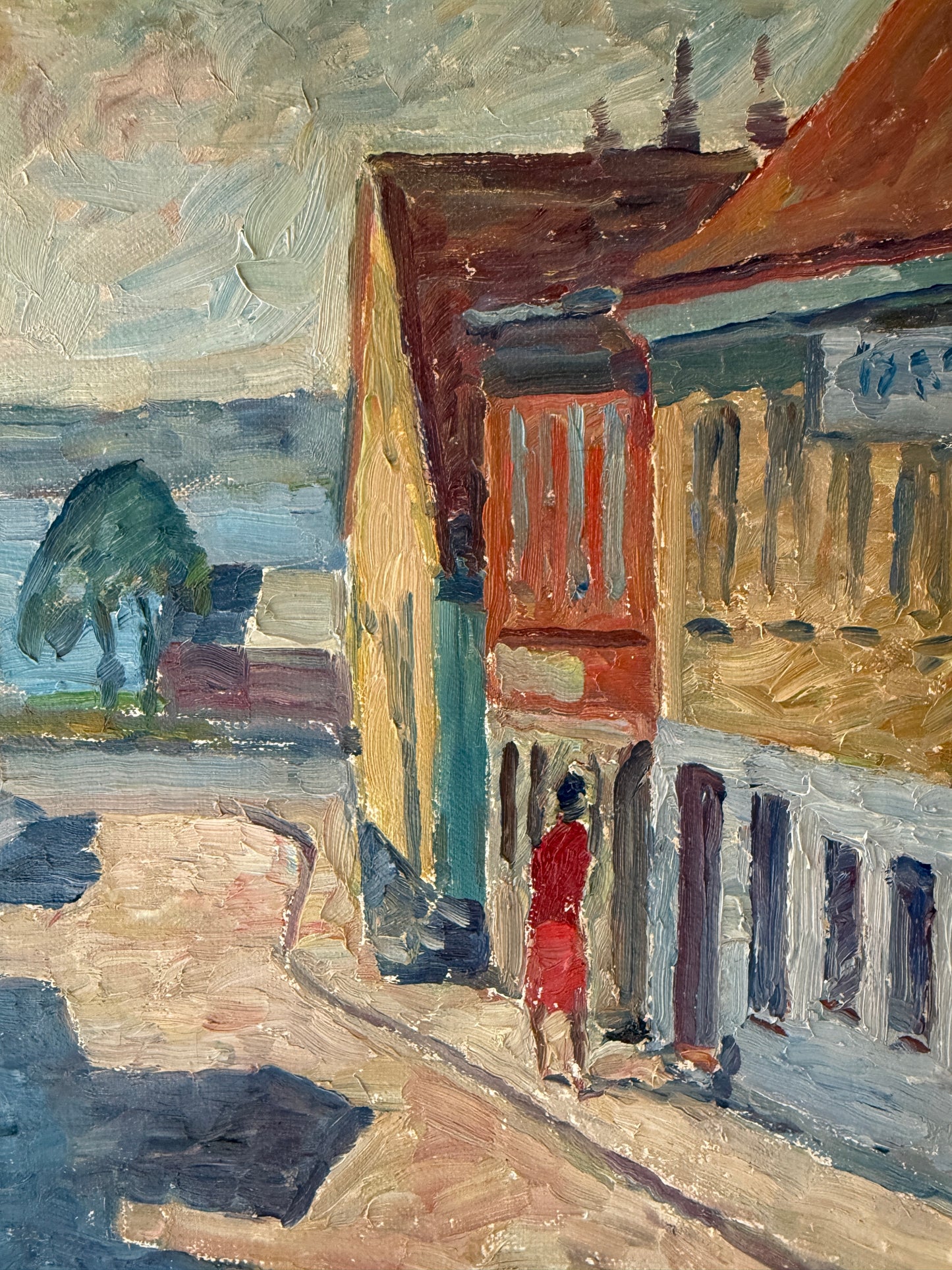Vintage Modern Impressionist Sunny Coastal Townscape Oil Painting in Gold Frame