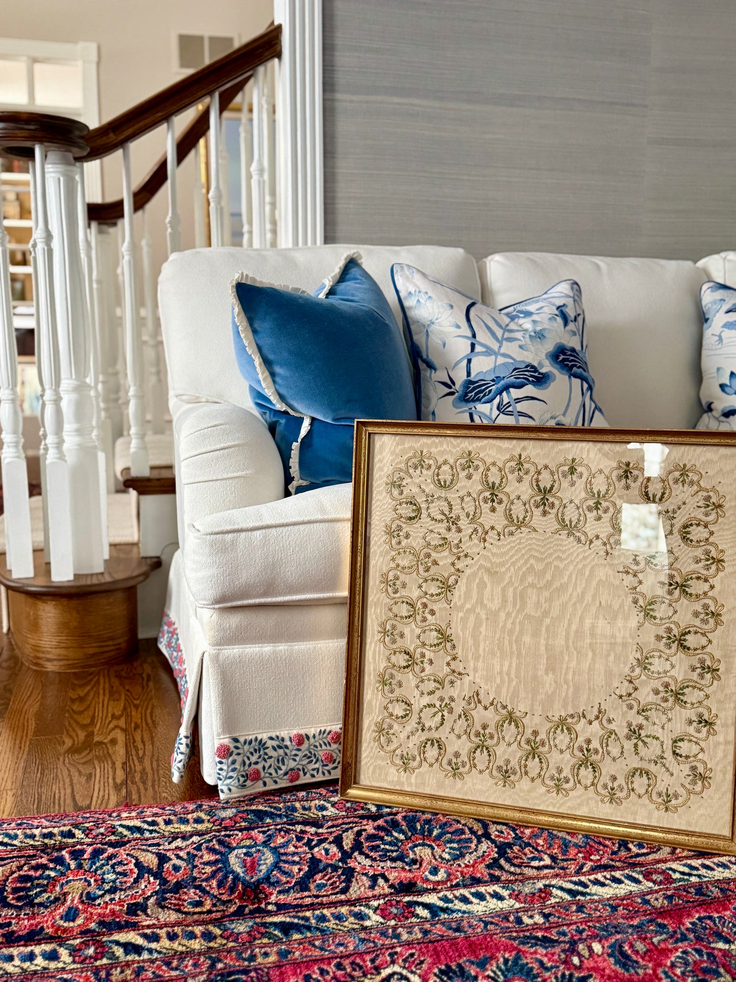 19th Century Intricate Floral Embroidery on Silk Moire in Gold Frame