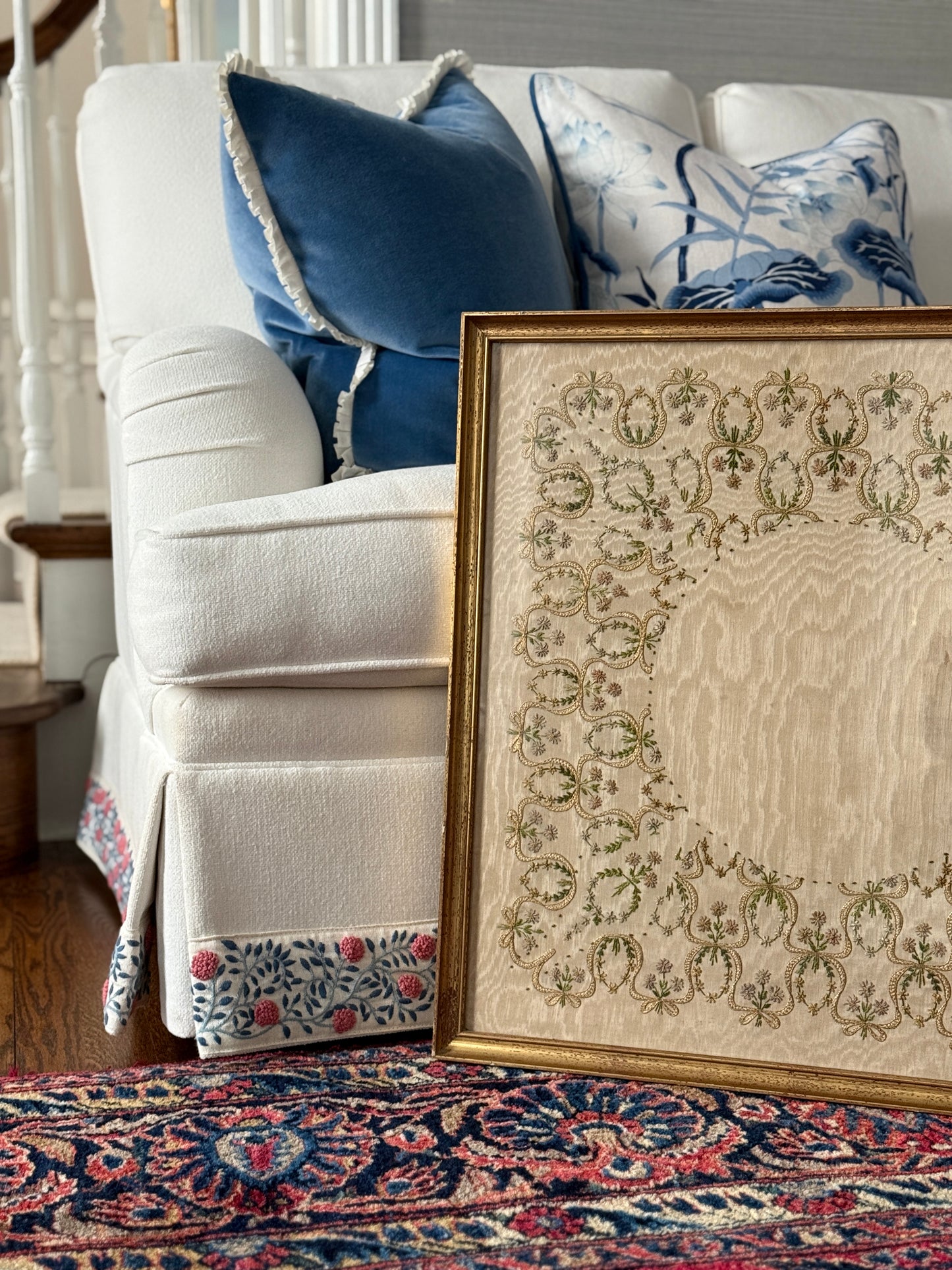 19th Century Intricate Floral Embroidery on Silk Moire in Gold Frame