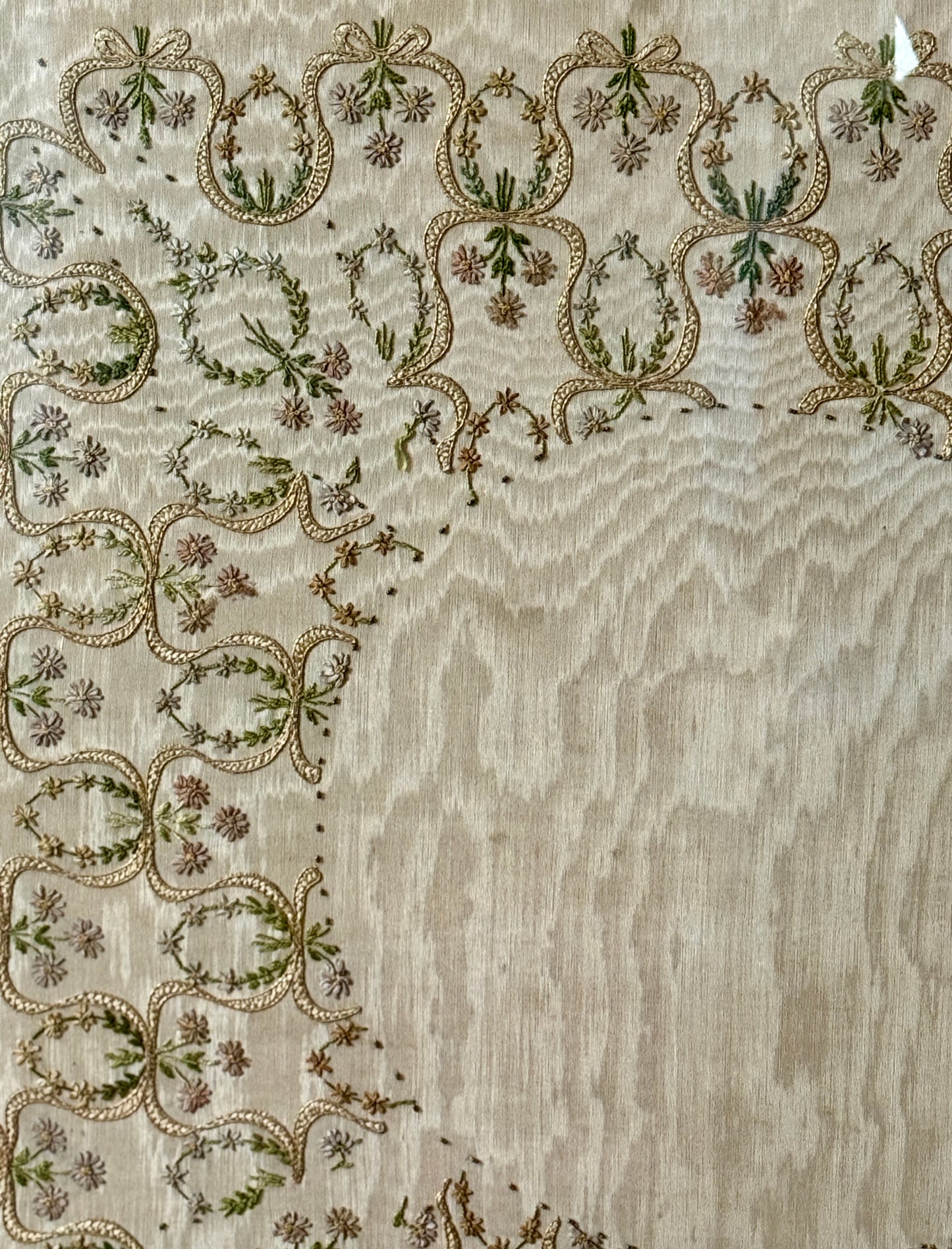 19th Century Intricate Floral Embroidery on Silk Moire in Gold Frame