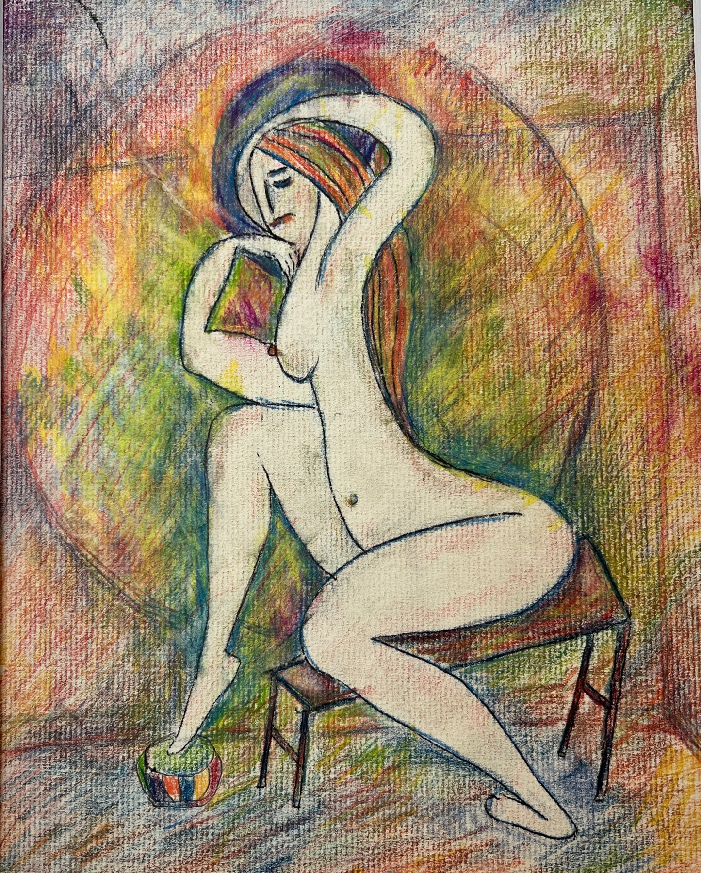 Mid Century Abstract Nude Portrait of a Seated Woman in Light Gold Bamboo Frame