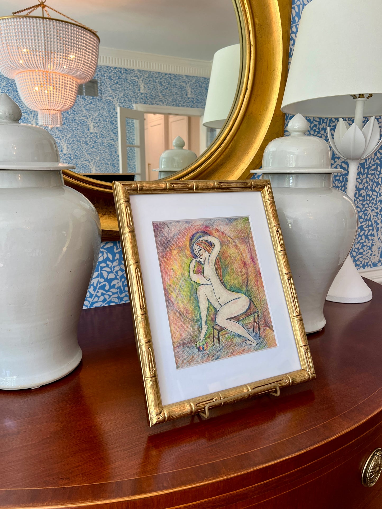 Mid Century Abstract Nude Portrait of a Seated Woman in Light Gold Bamboo Frame