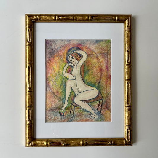 Mid Century Abstract Nude Portrait of a Seated Woman in Light Gold Bamboo Frame