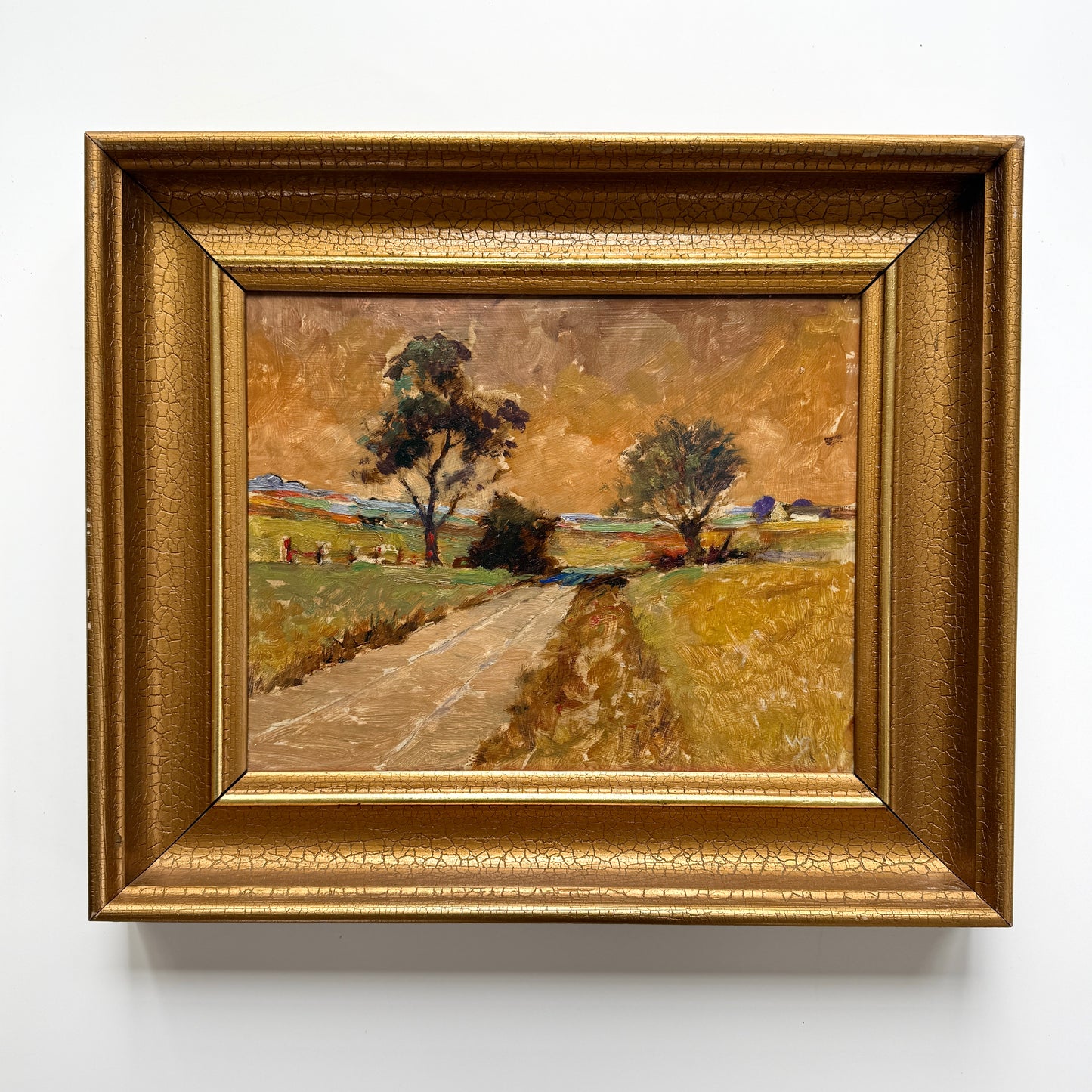 Vintage Impressionist Country Road Landscape Oil Painting in Gold Frame
