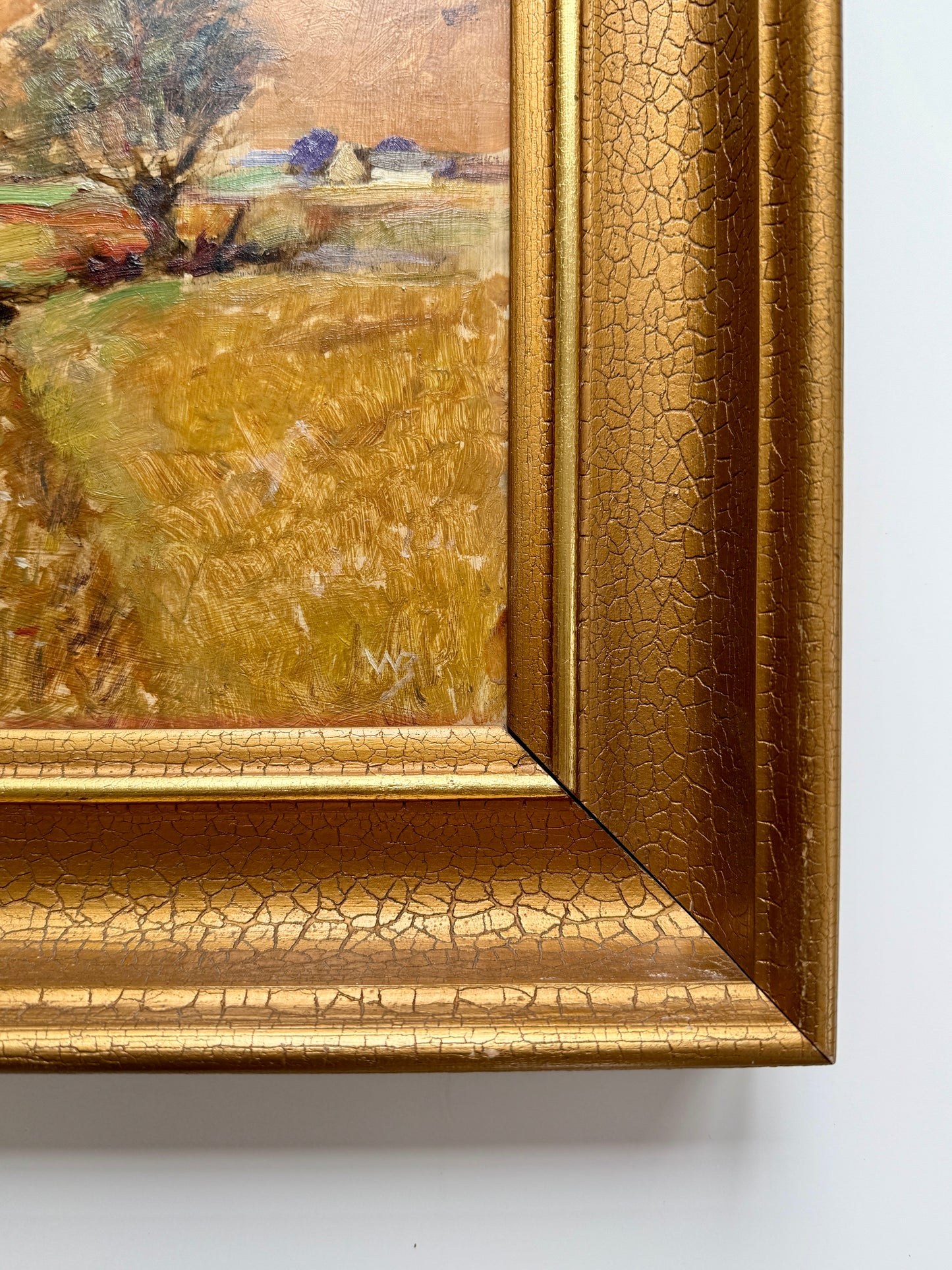 Vintage Impressionist Country Road Landscape Oil Painting in Gold Frame