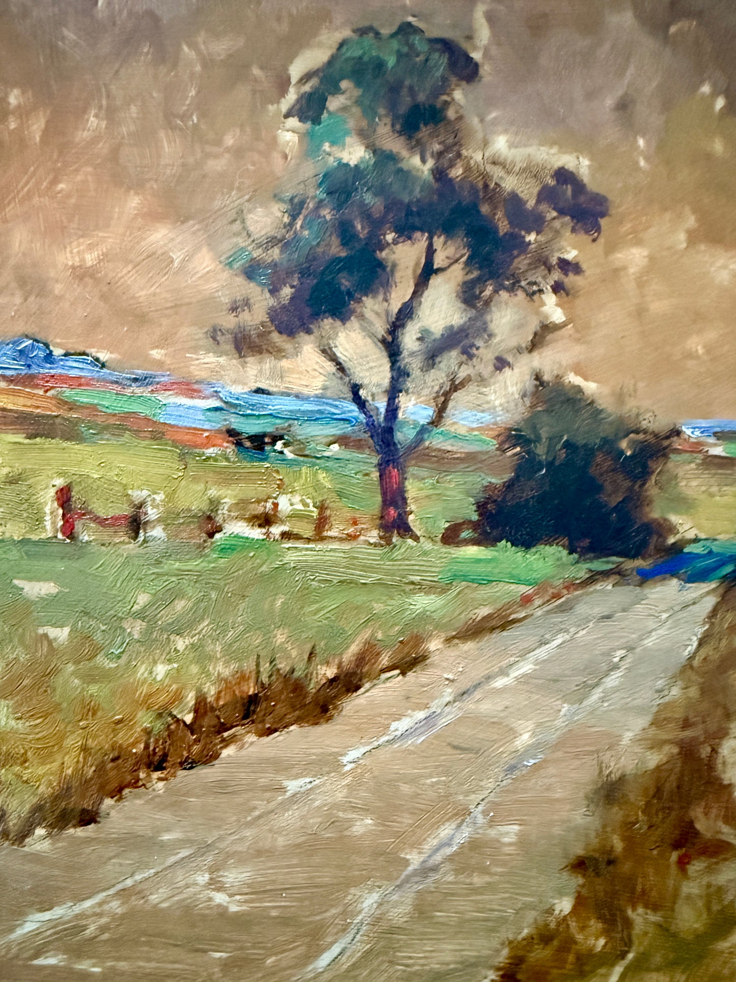 Vintage Impressionist Country Road Landscape Oil Painting in Gold Frame
