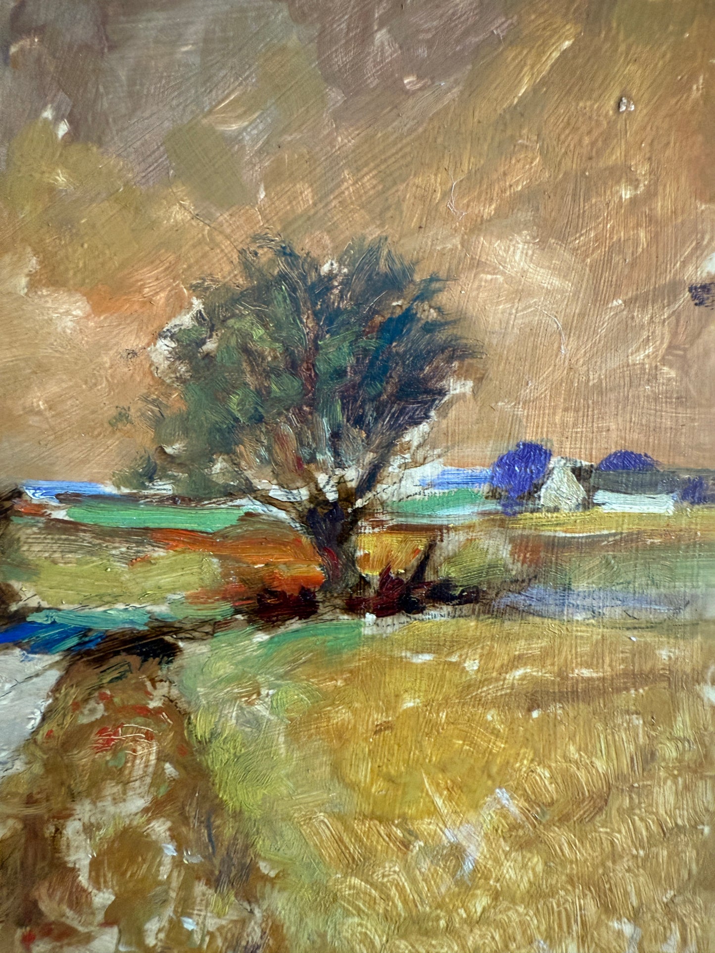Vintage Impressionist Country Road Landscape Oil Painting in Gold Frame