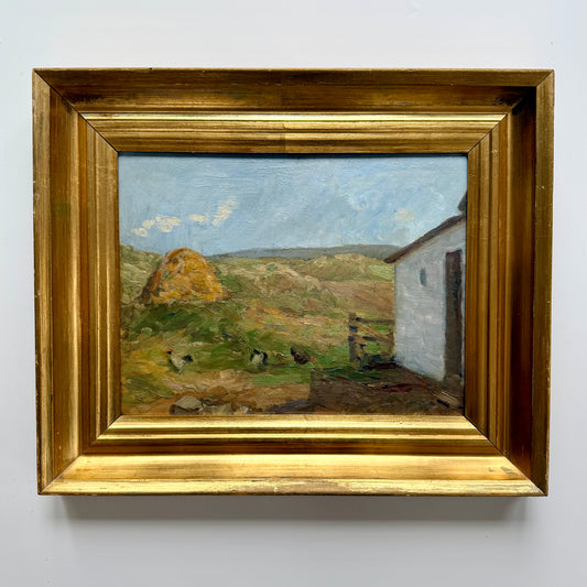 Impressionist Blue Skied Farm Landscape with Chickens Oil Painting in Gold Frame