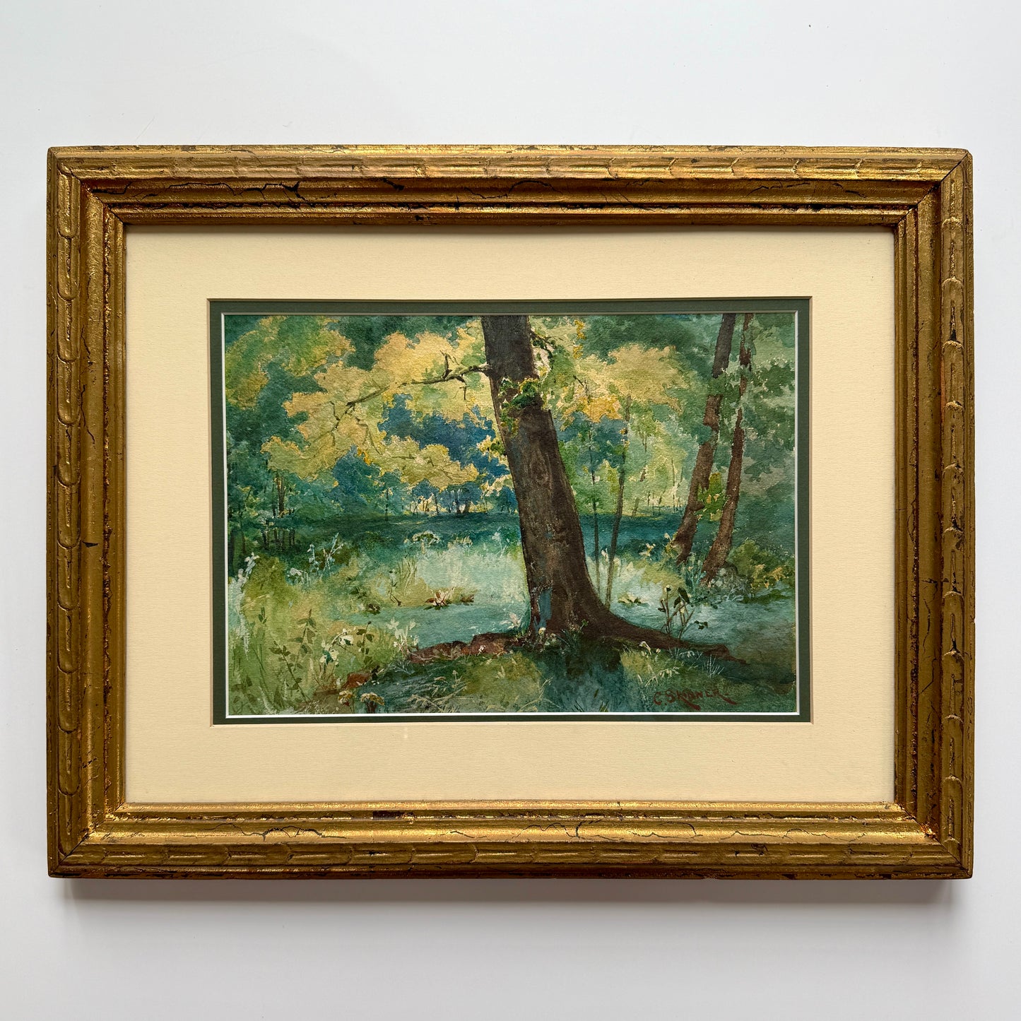 Sunny Place in the Woods Verdant Forest Landscape Watercolor Painting in Gold Frame