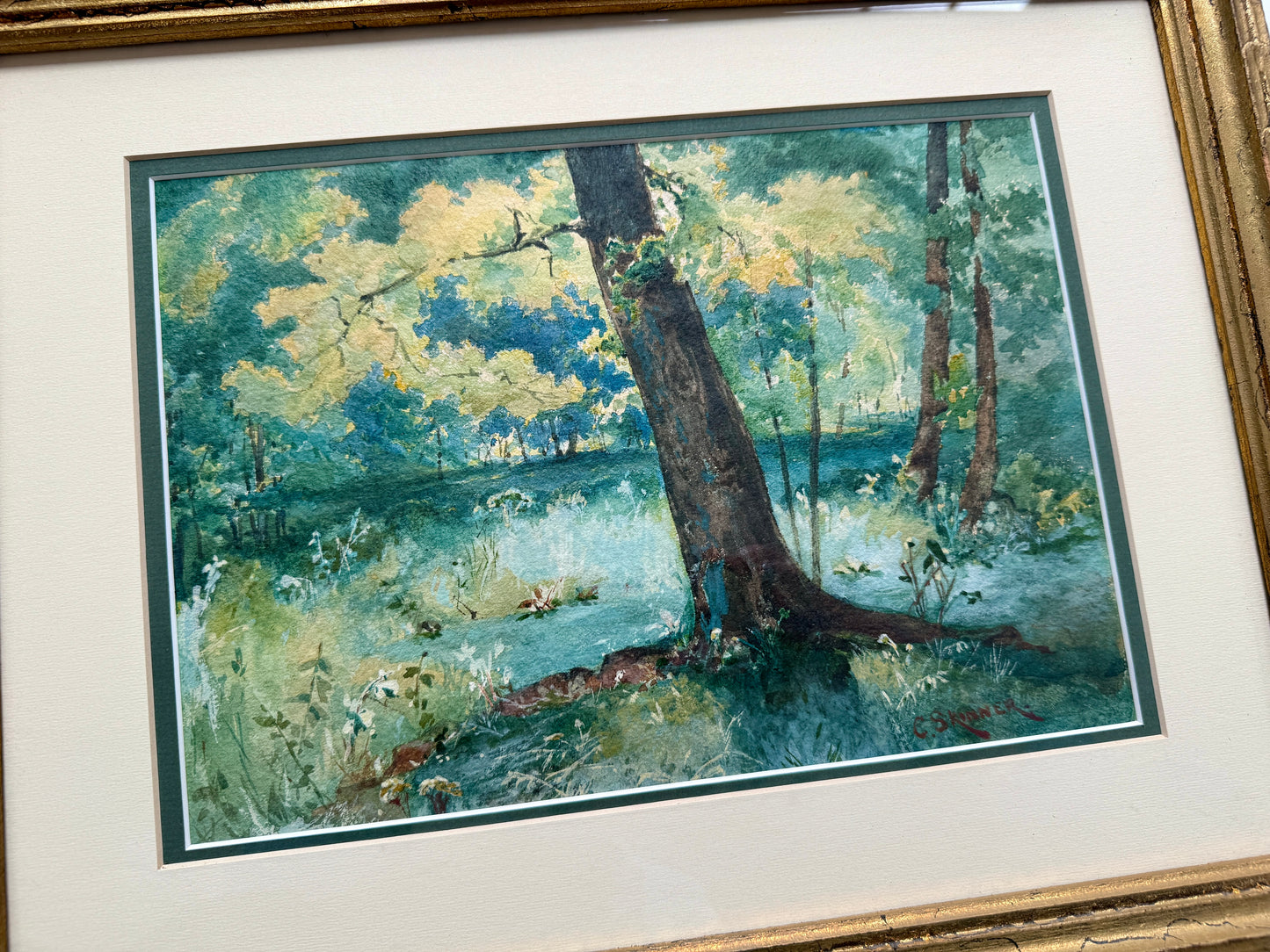 Sunny Place in the Woods Verdant Forest Landscape Watercolor Painting in Gold Frame