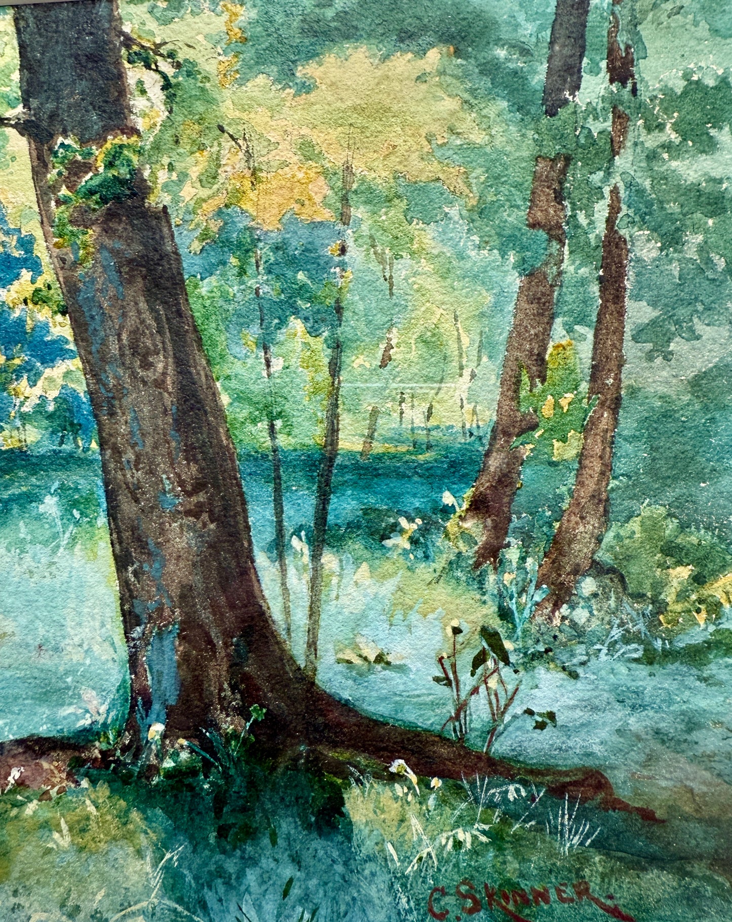 Sunny Place in the Woods Verdant Forest Landscape Watercolor Painting in Gold Frame