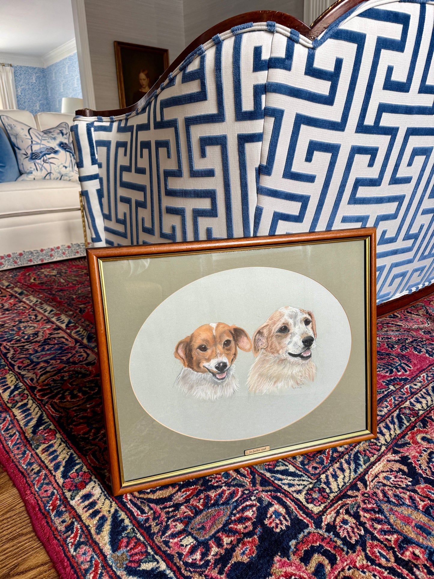 Happy Pair Vintage Dog Terrier Pastel Portrait in Gold and Wood Frame