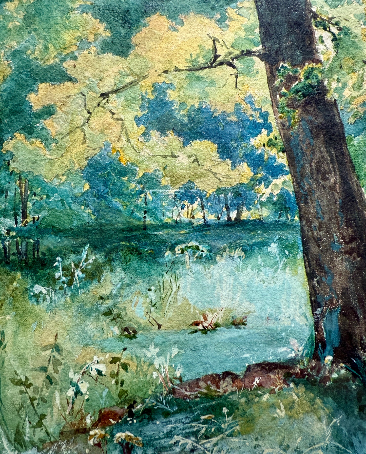 Sunny Place in the Woods Verdant Forest Landscape Watercolor Painting in Gold Frame